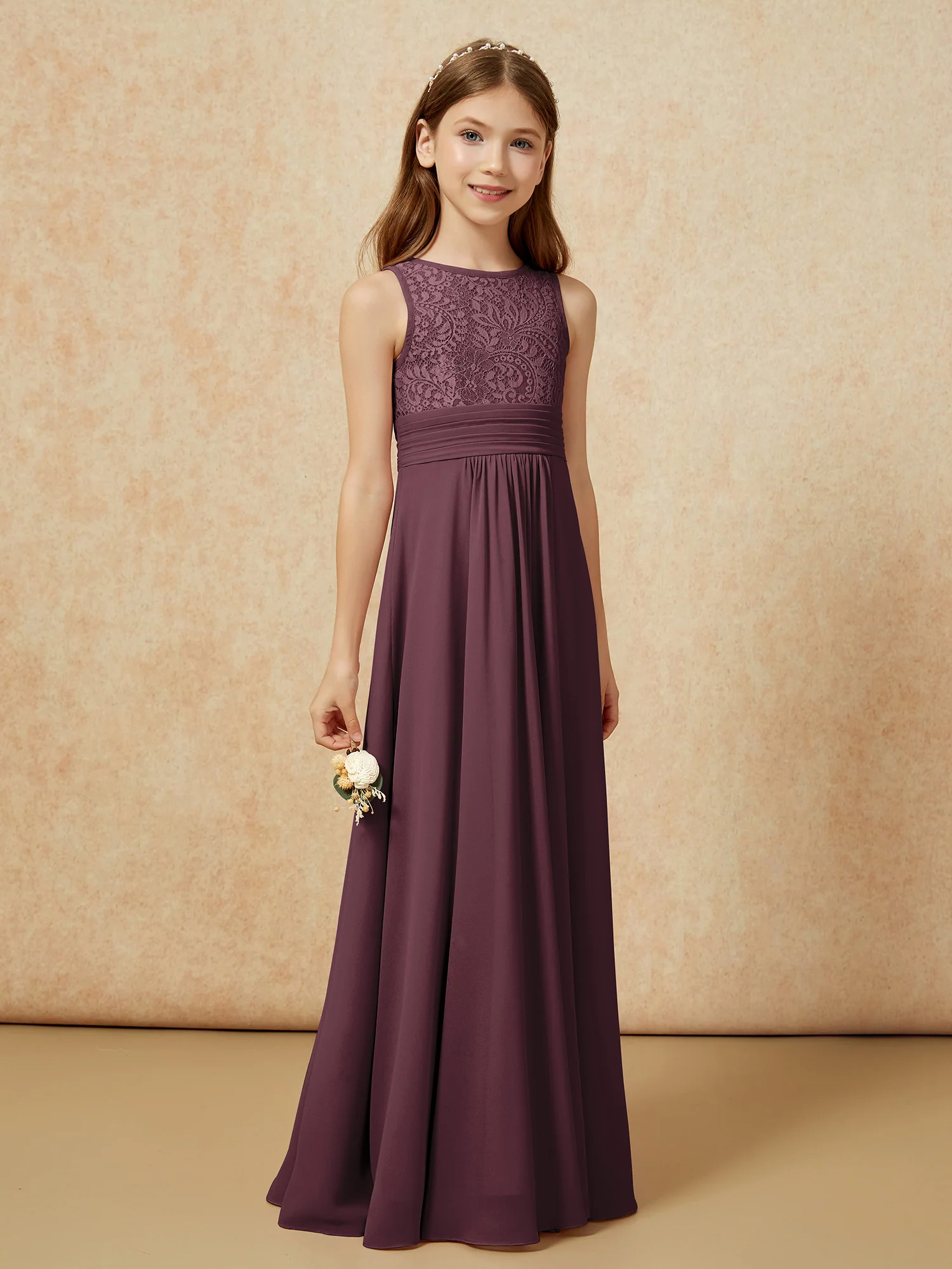 Lace Top A-line Long Junior Bridesmaid Dress Cabernet - Image 3