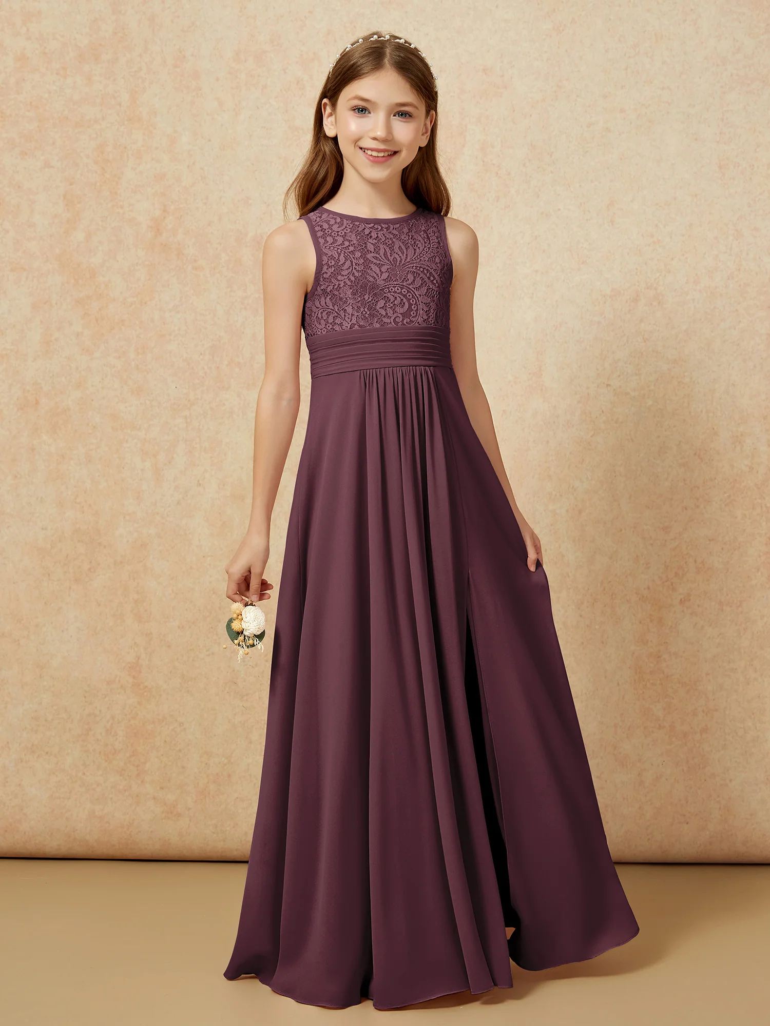 Lace Top A-line Long Junior Bridesmaid Dress Cabernet - Image 5