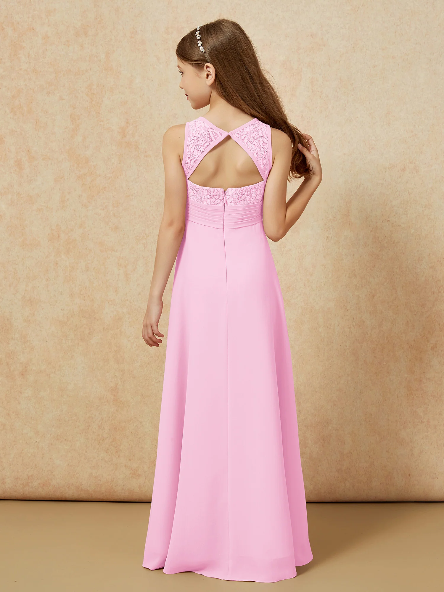 Lace Top A-line Long Junior Bridesmaid Dress Candy Pink - Image 2