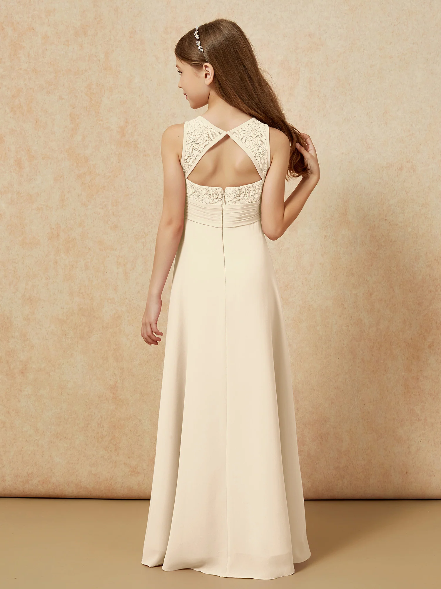 Lace Top A-line Long Junior Bridesmaid Dress Champagne - Image 2