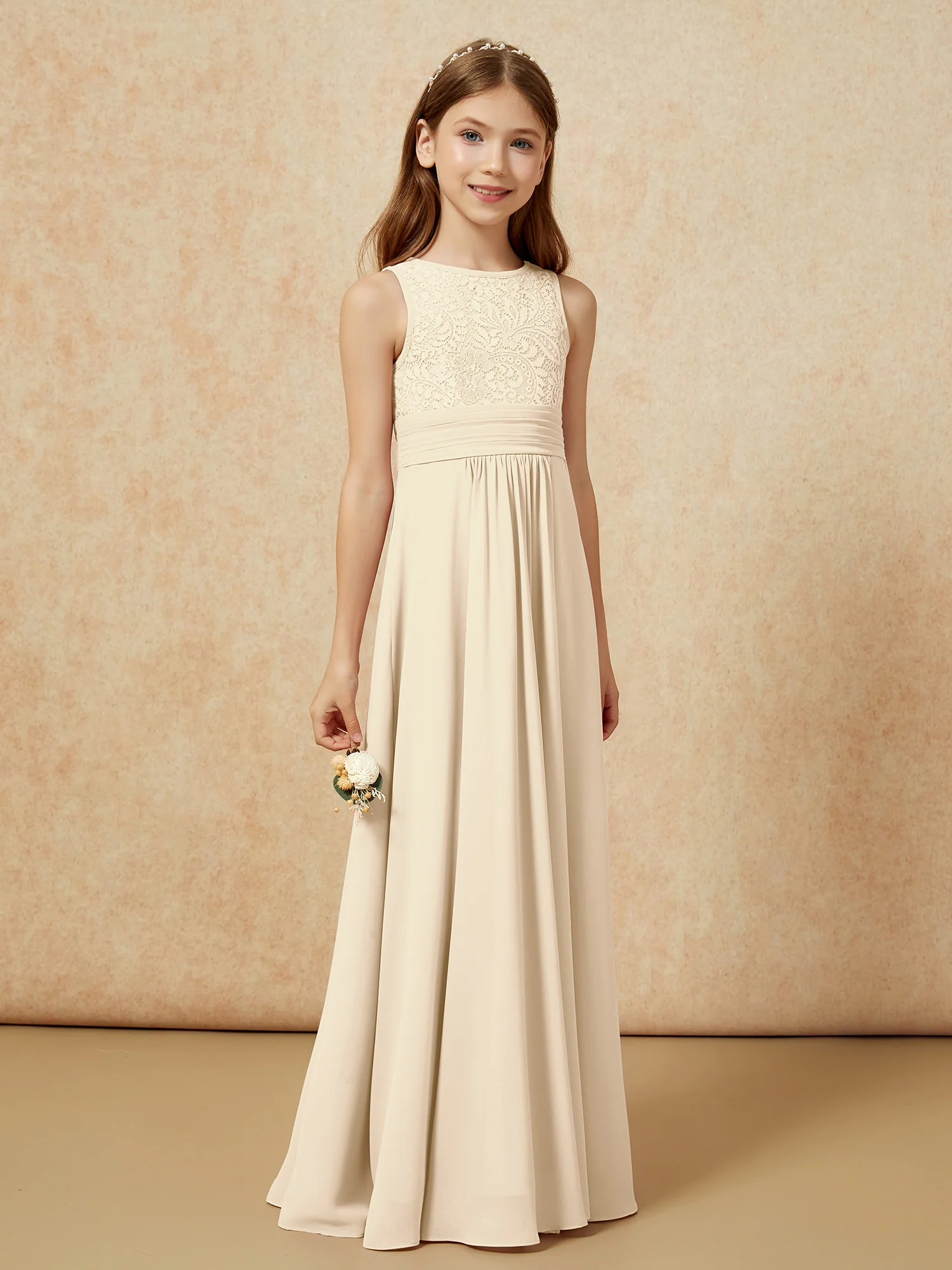 Lace Top A-line Long Junior Bridesmaid Dress Champagne - Image 3