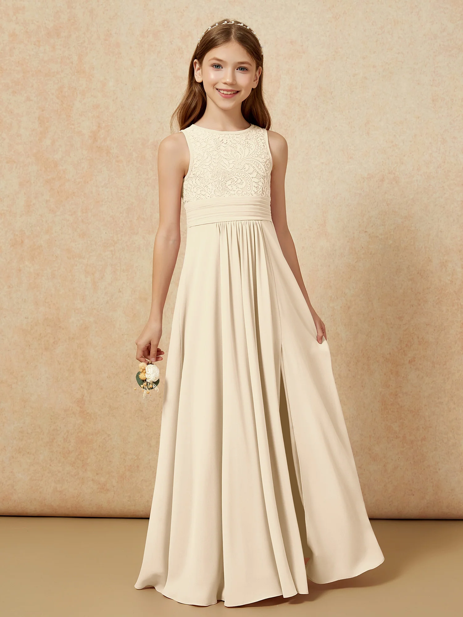 Lace Top A-line Long Junior Bridesmaid Dress Champagne - Image 5