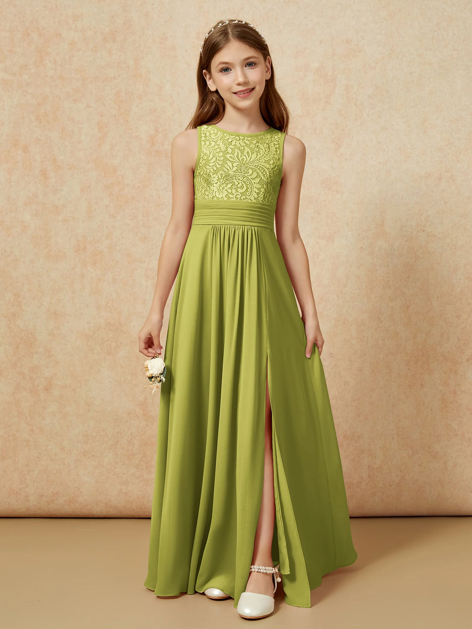 Lace Top A-line Long Junior Bridesmaid Dress Clover