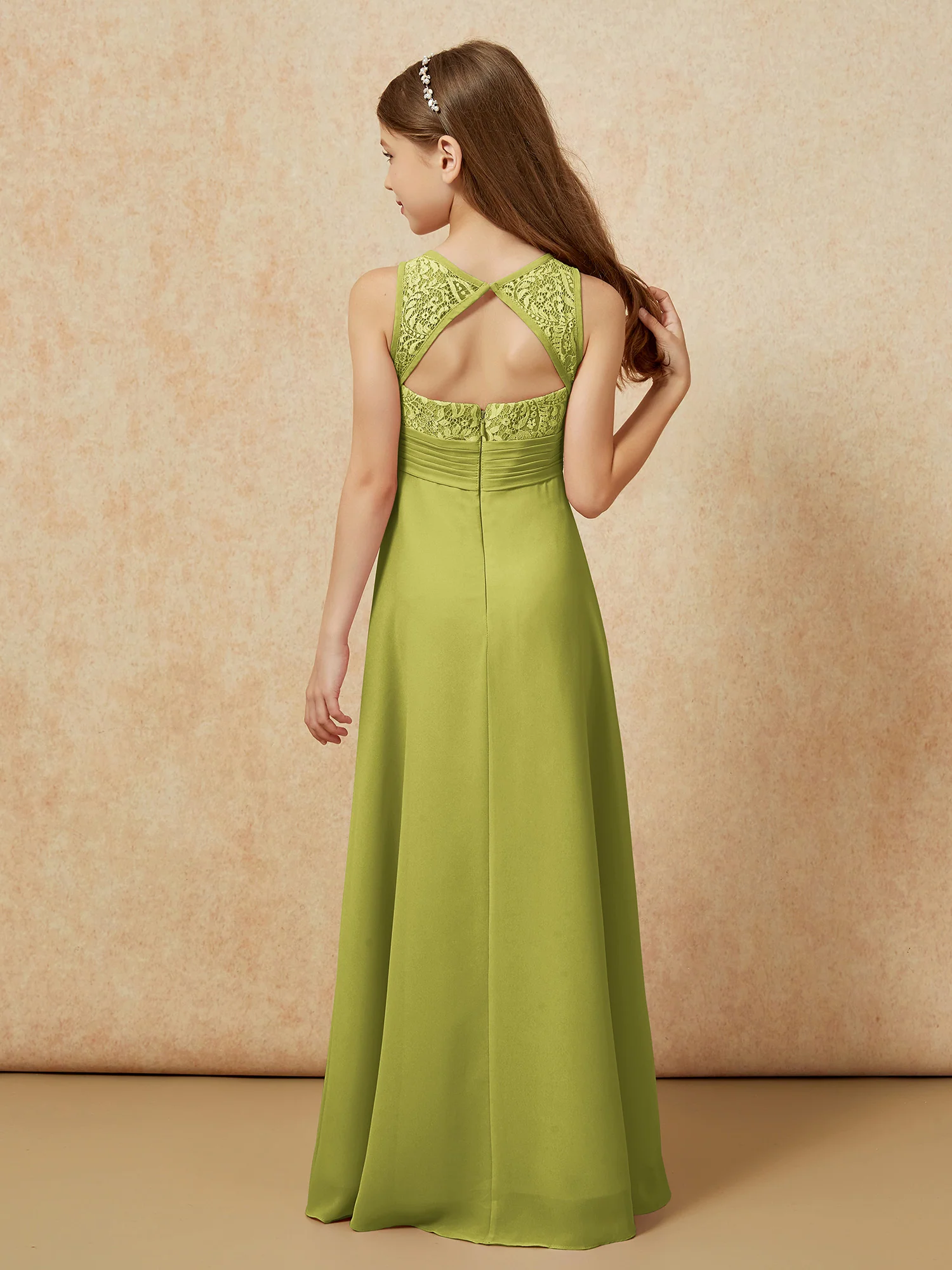 Lace Top A-line Long Junior Bridesmaid Dress Clover - Image 2