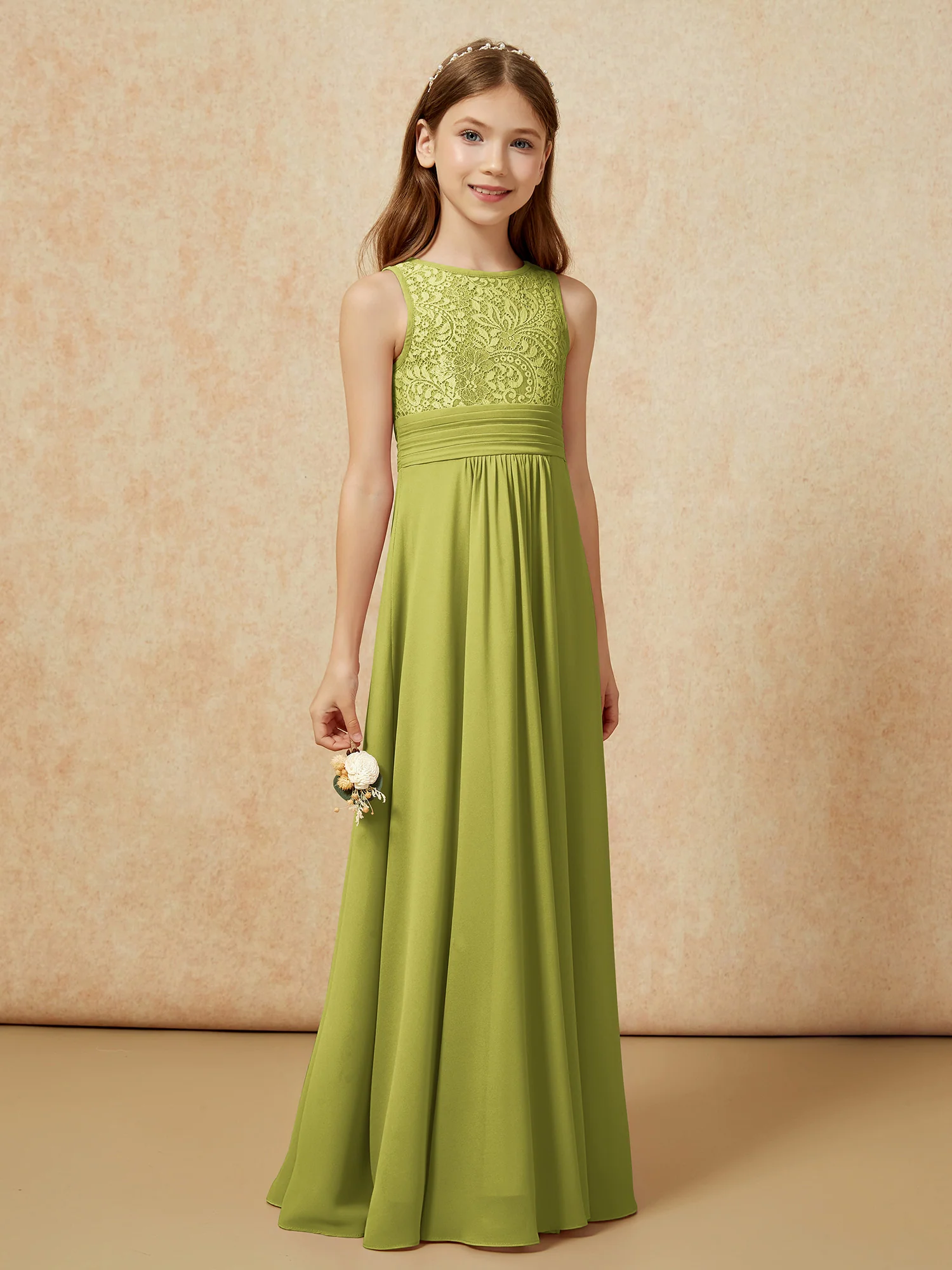 Lace Top A-line Long Junior Bridesmaid Dress Clover - Image 3