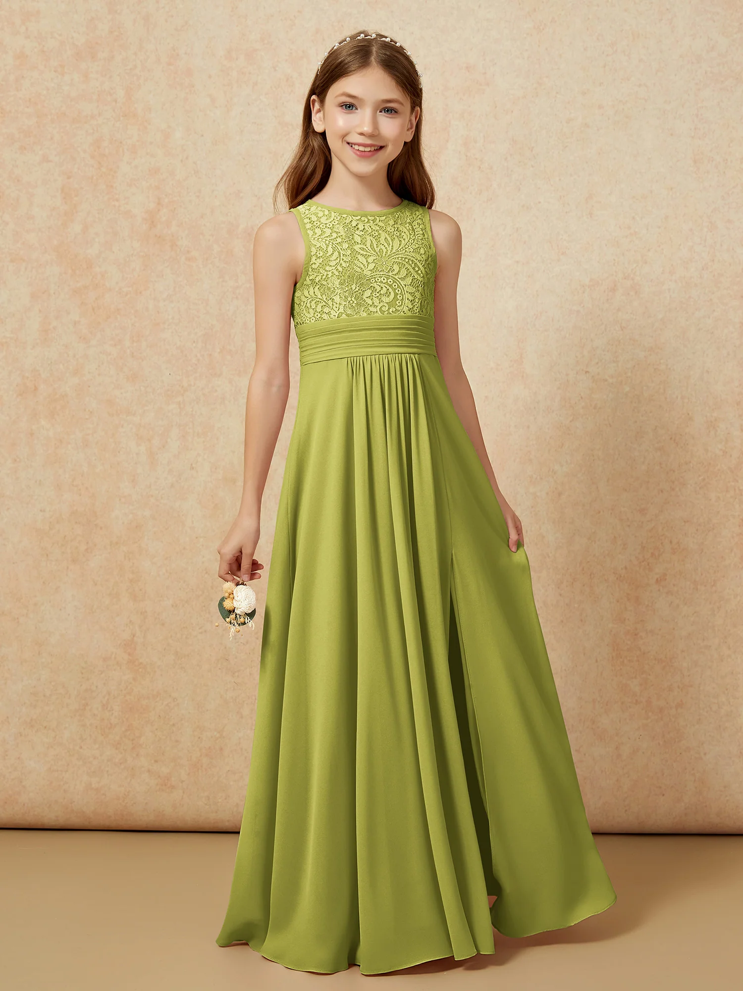Lace Top A-line Long Junior Bridesmaid Dress Clover - Image 5