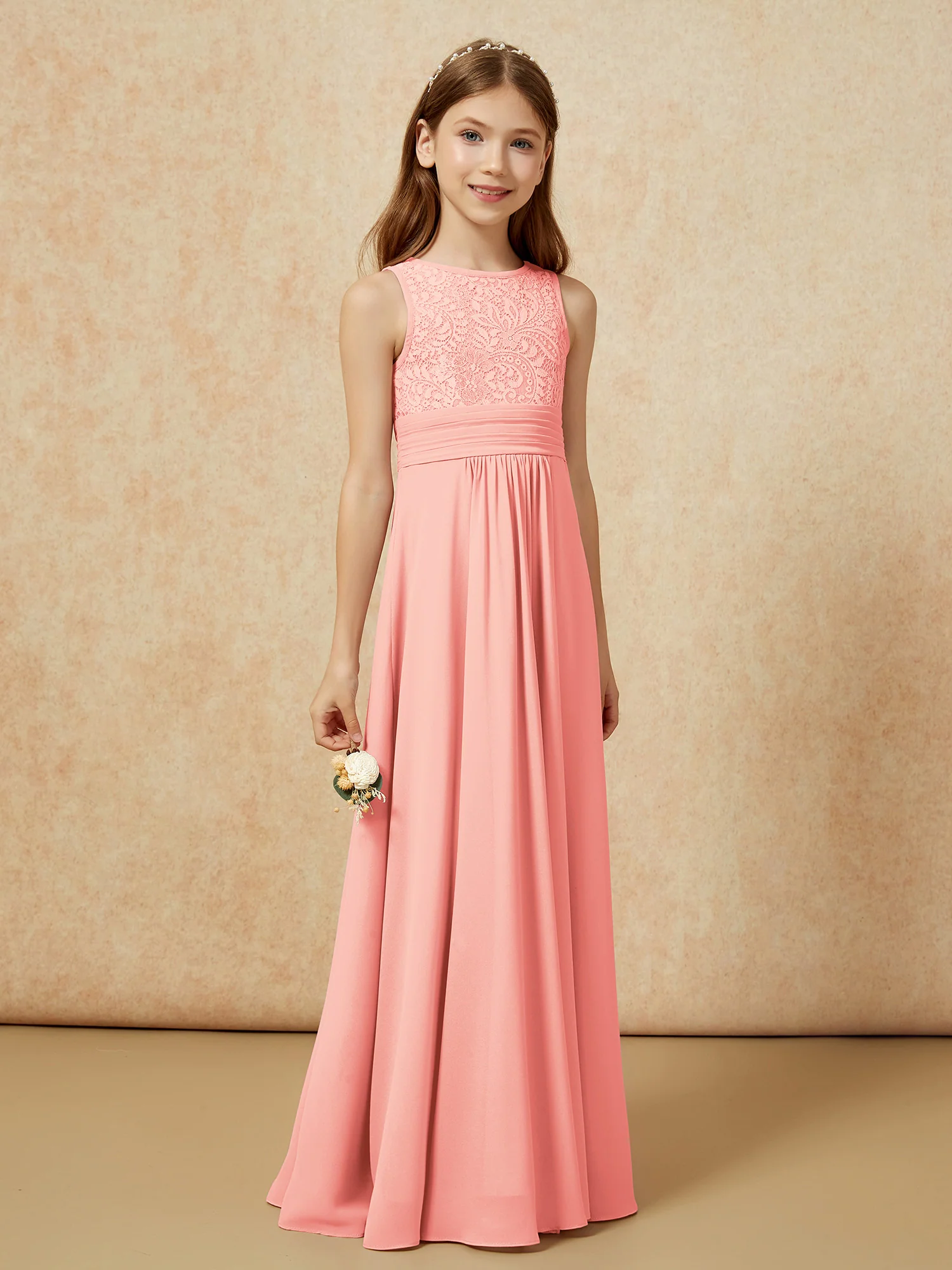 Lace Top A-line Long Junior Bridesmaid Dress Coral - Image 3
