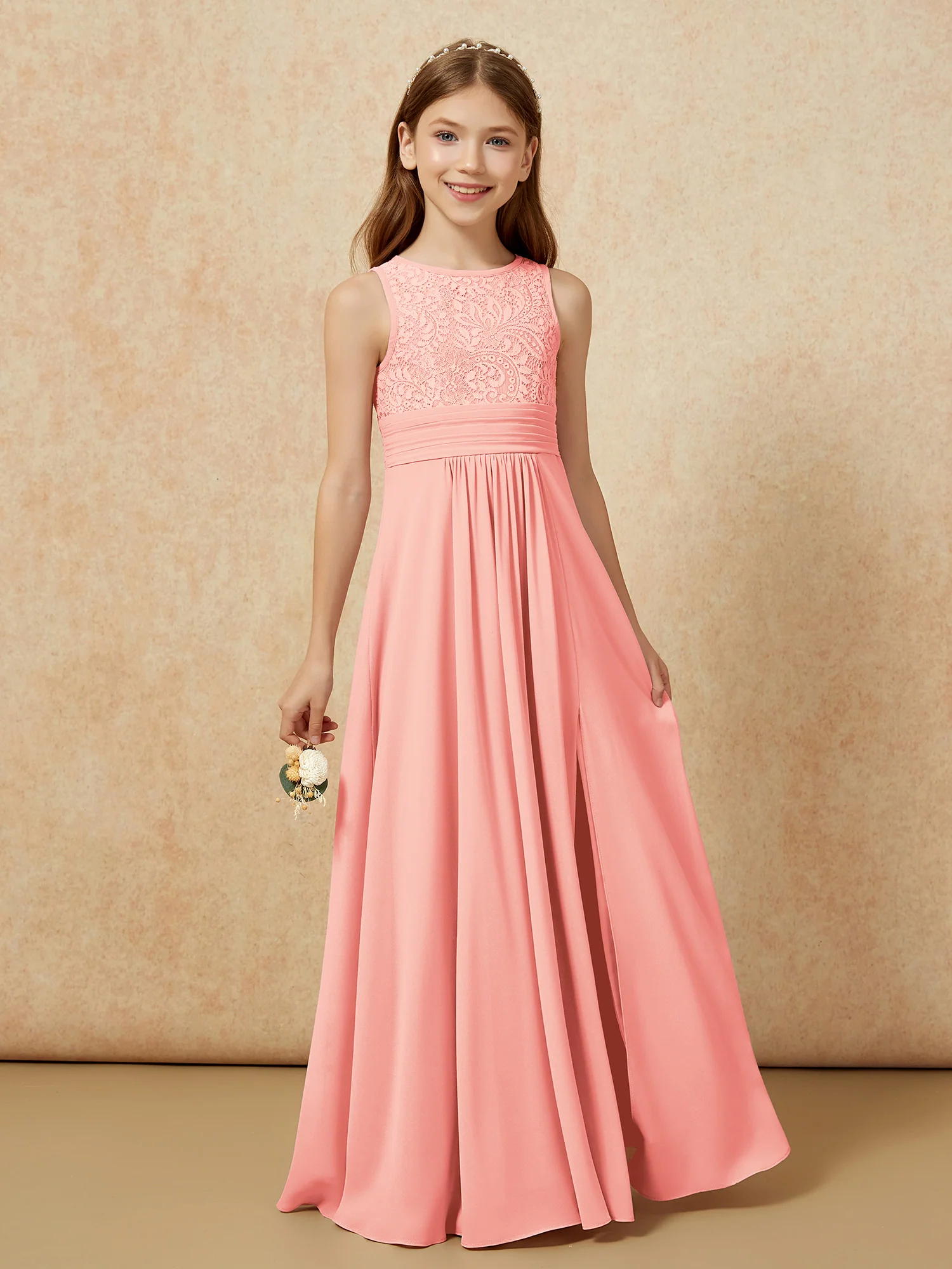 Lace Top A-line Long Junior Bridesmaid Dress Coral - Image 5