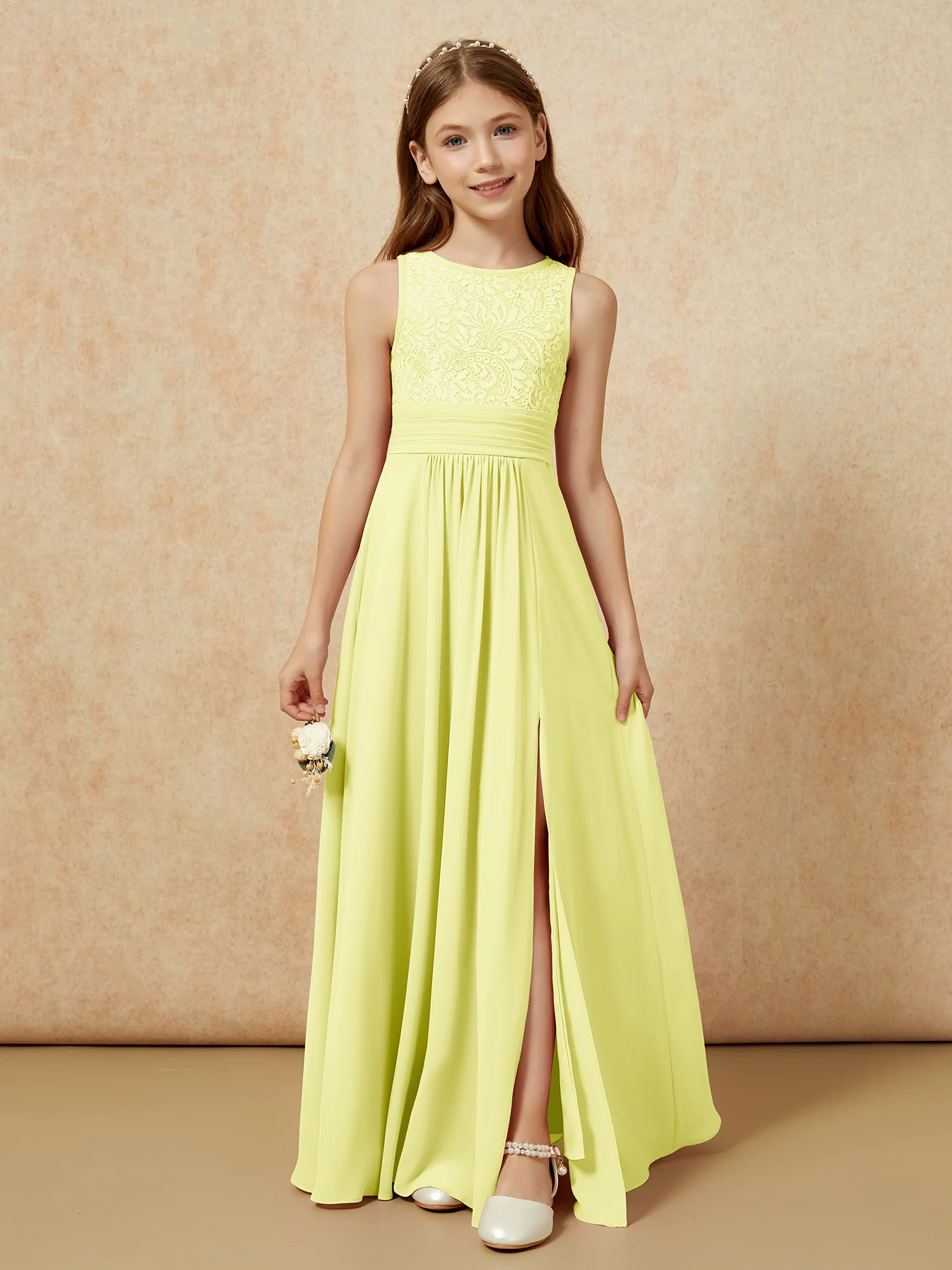 Lace Top A-line Long Junior Bridesmaid Dress Daffodil