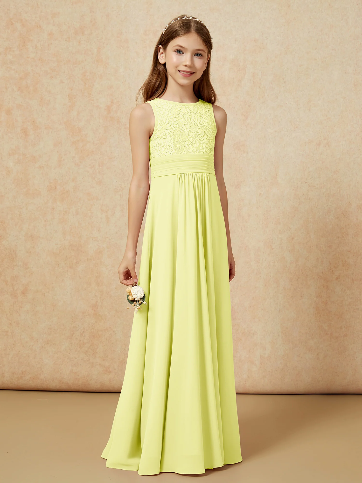 Lace Top A-line Long Junior Bridesmaid Dress Daffodil - Image 3