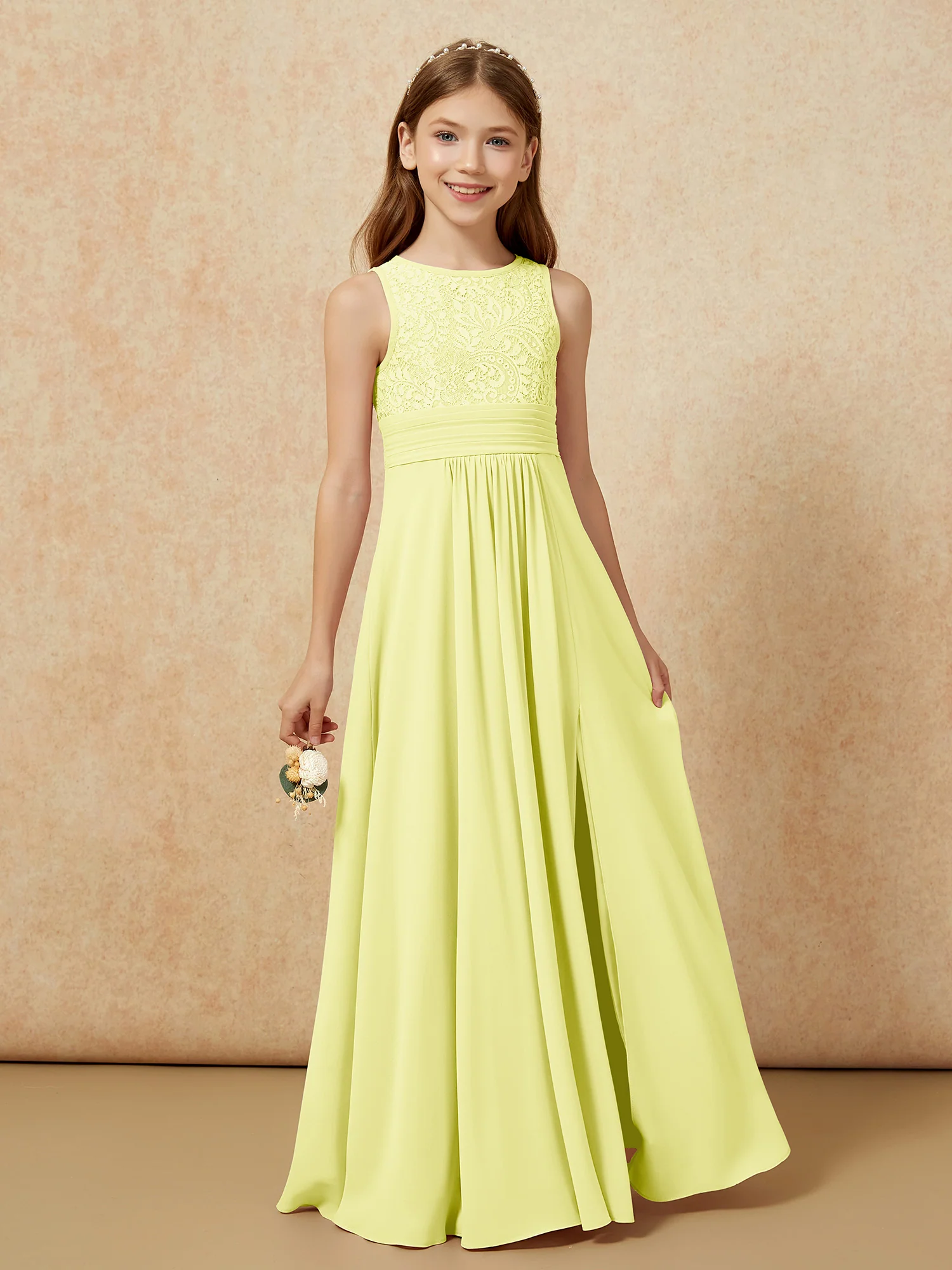 Lace Top A-line Long Junior Bridesmaid Dress Daffodil - Image 5