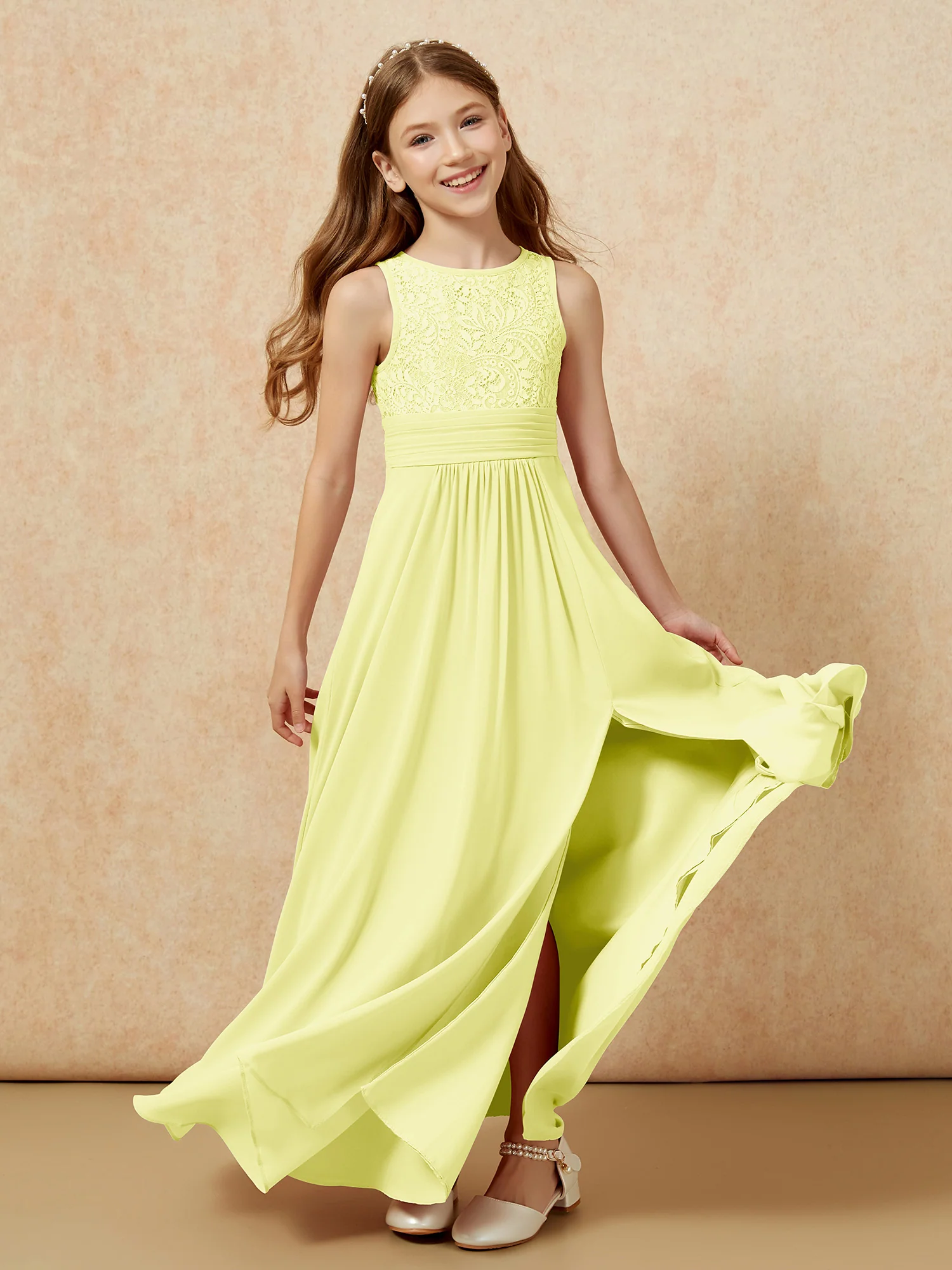 Lace Top A-line Long Junior Bridesmaid Dress Daffodil - Image 6