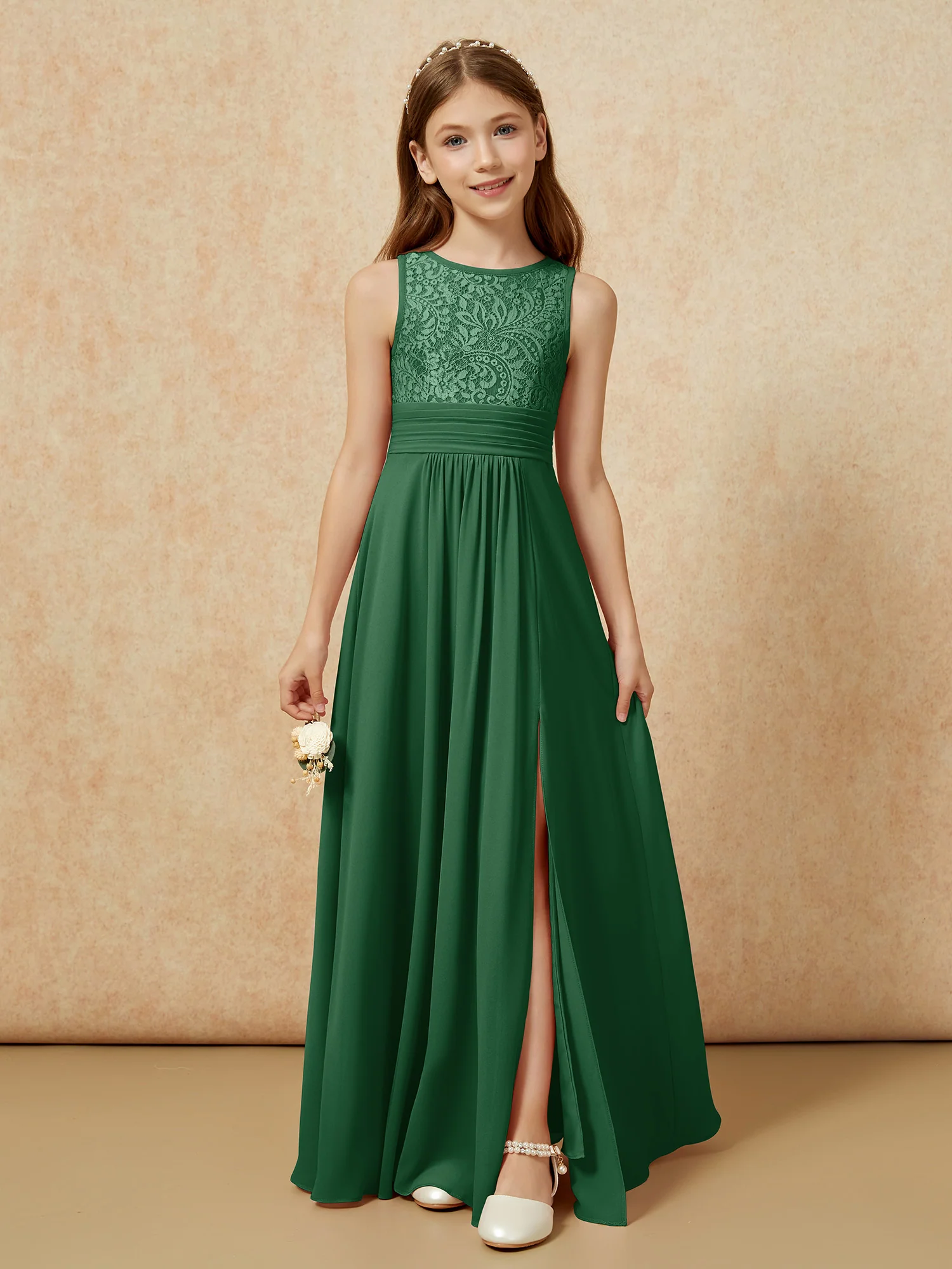 Lace Top A-line Long Junior Bridesmaid Dress Dark Green