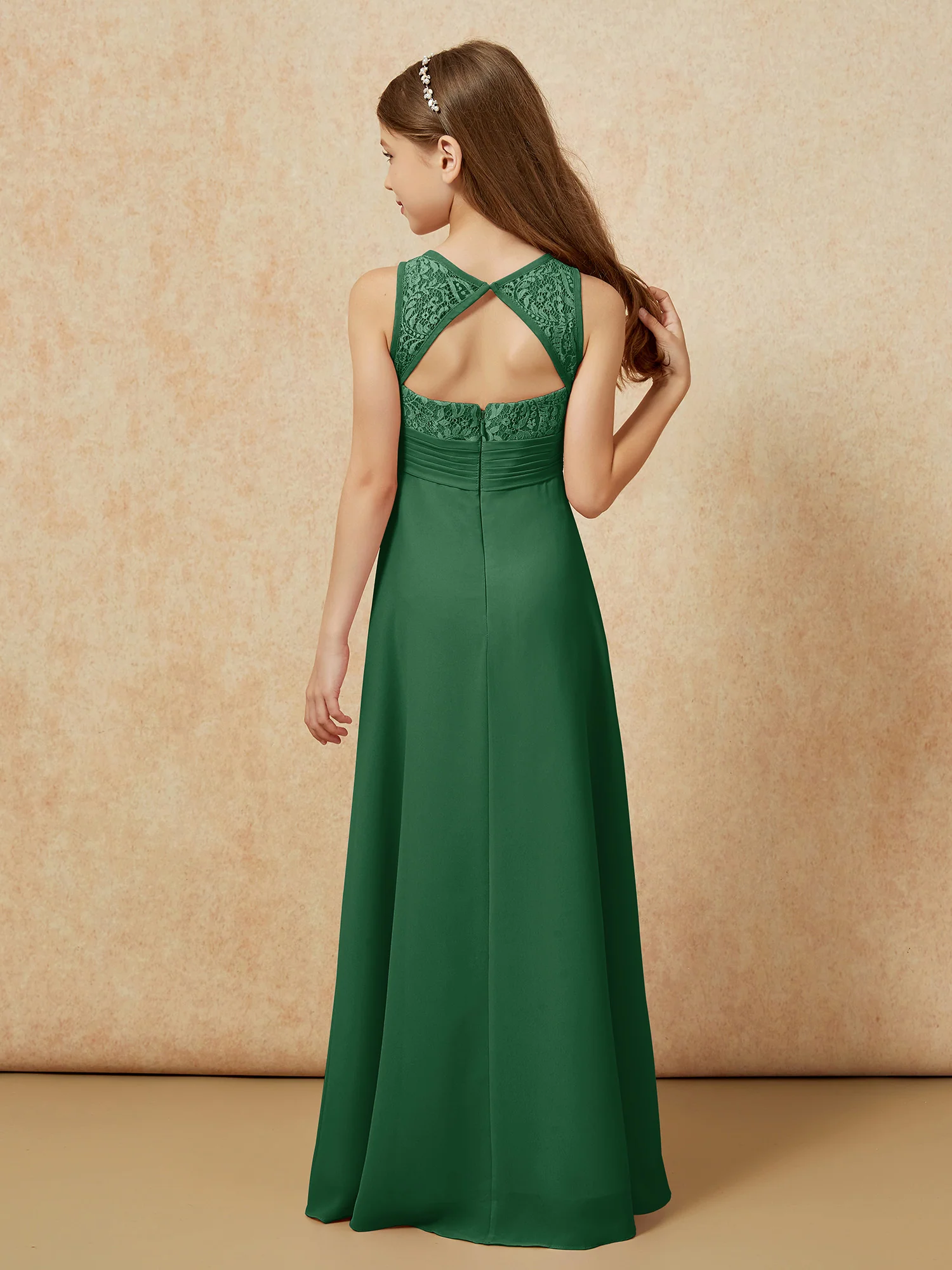 Lace Top A-line Long Junior Bridesmaid Dress Dark Green - Image 2