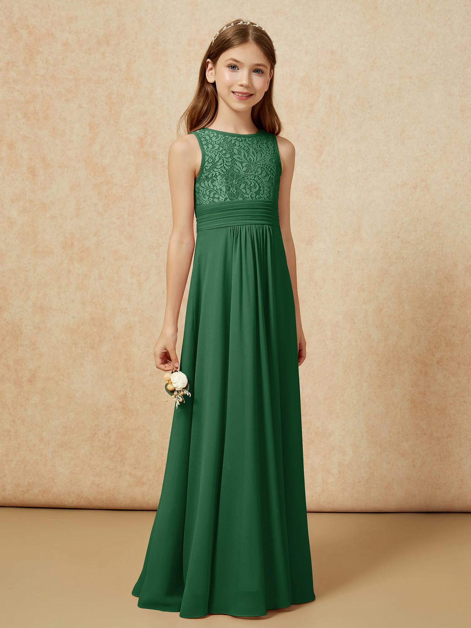 Lace Top A-line Long Junior Bridesmaid Dress Dark Green - Image 3