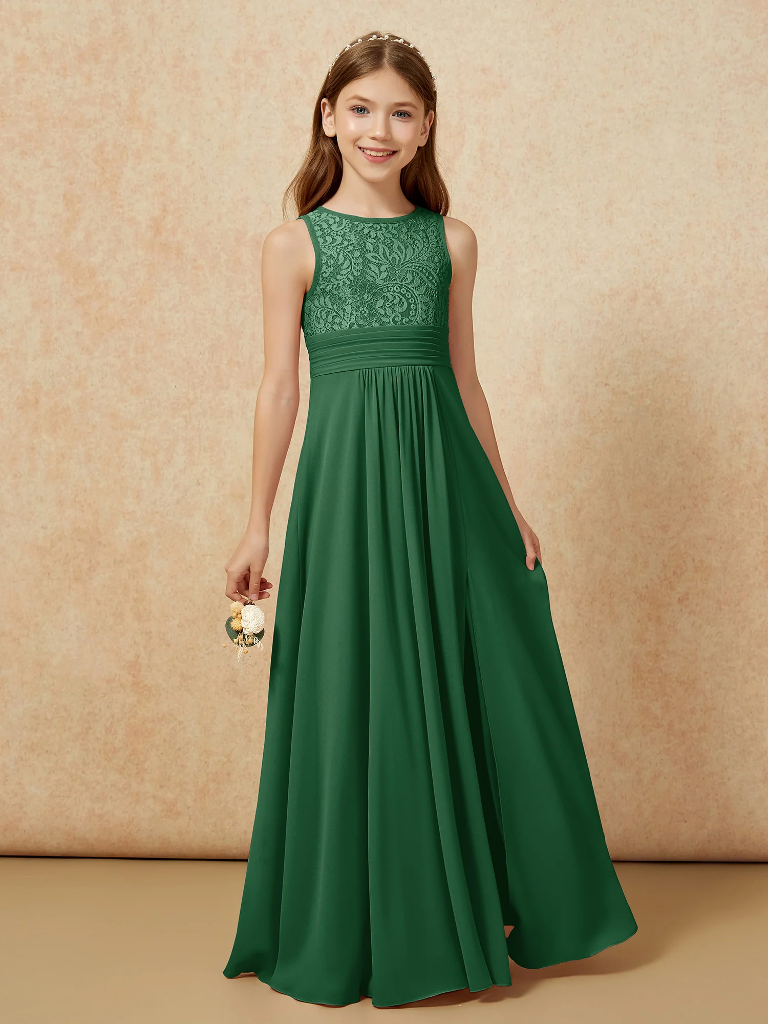 Lace Top A-line Long Junior Bridesmaid Dress Dark Green - Image 5