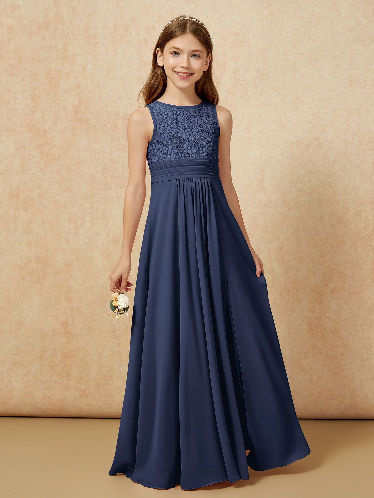 Lace Top A-line Long Junior Bridesmaid Dress Dark Navy - Image 5