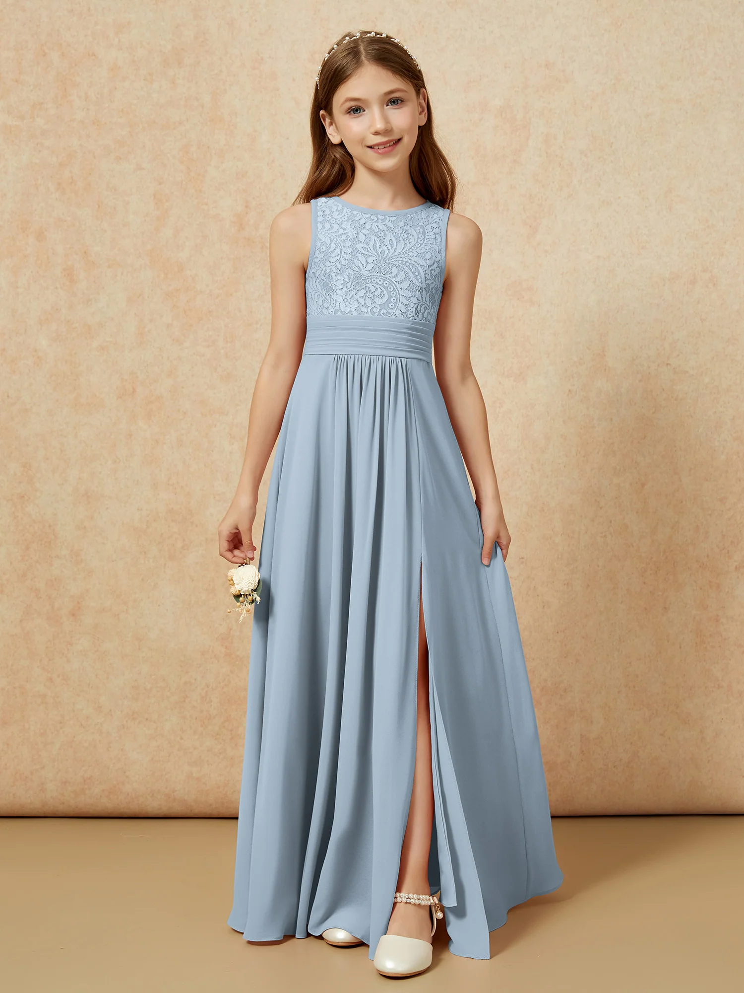 Lace Top A-line Long Junior Bridesmaid Dress Dusty Blue