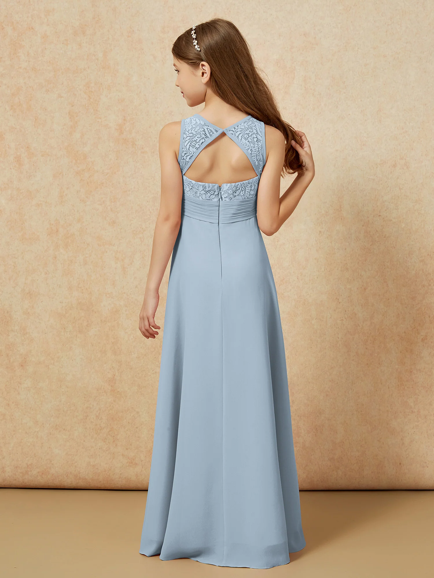 Lace Top A-line Long Junior Bridesmaid Dress Dusty Blue - Image 2