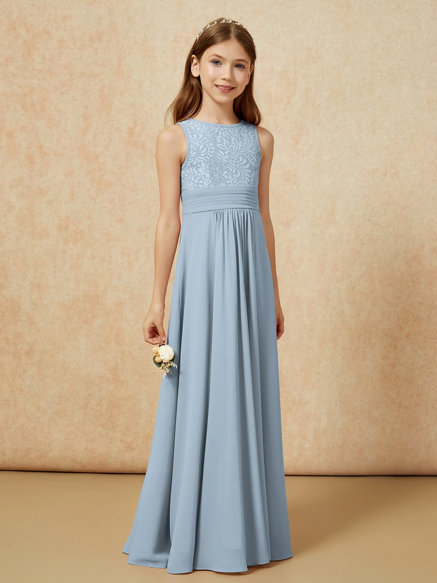 Lace Top A-line Long Junior Bridesmaid Dress Dusty Blue - Image 3