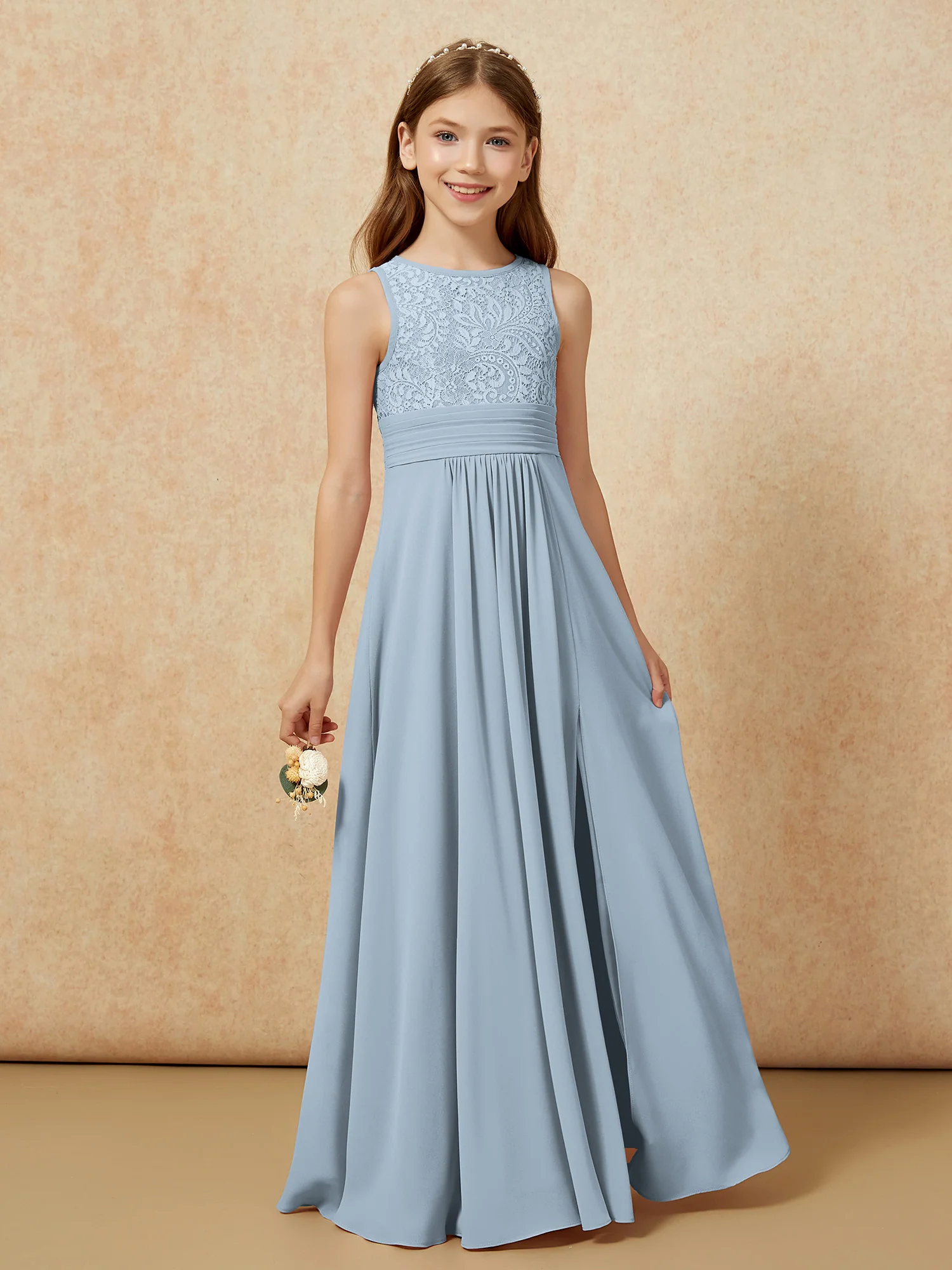 Lace Top A-line Long Junior Bridesmaid Dress Dusty Blue - Image 5