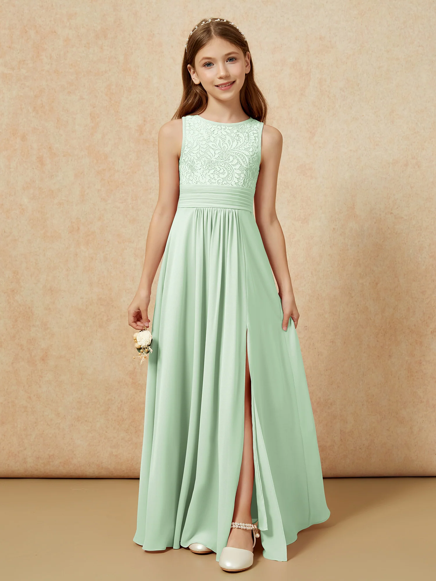 Lace Top A-line Long Junior Bridesmaid Dress Dusty Sage