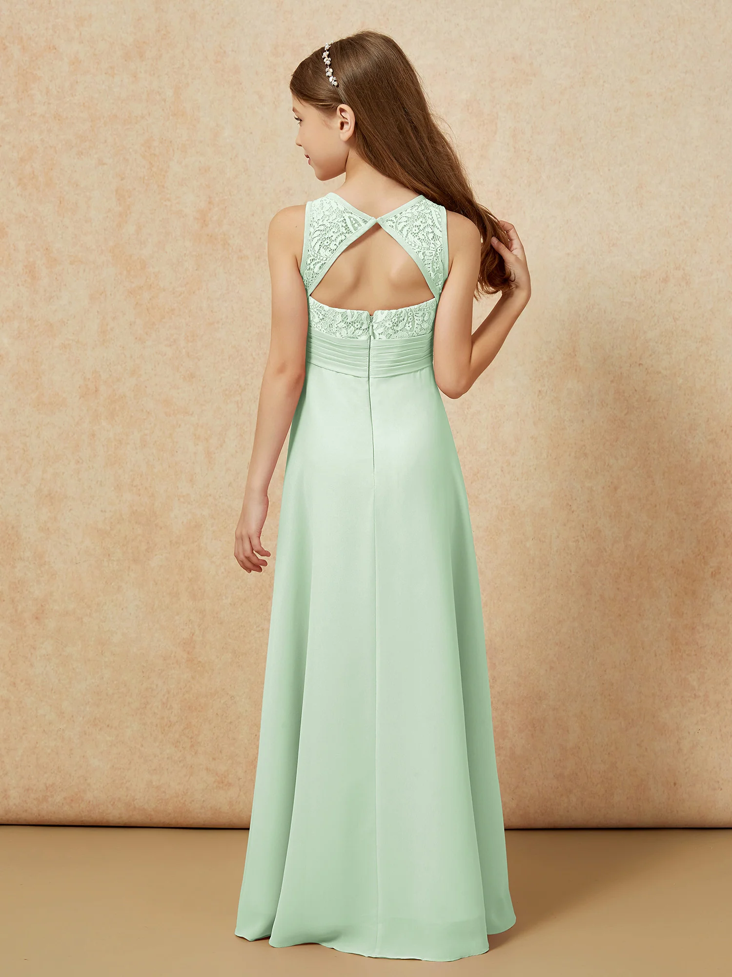 Lace Top A-line Long Junior Bridesmaid Dress Dusty Sage - Image 2