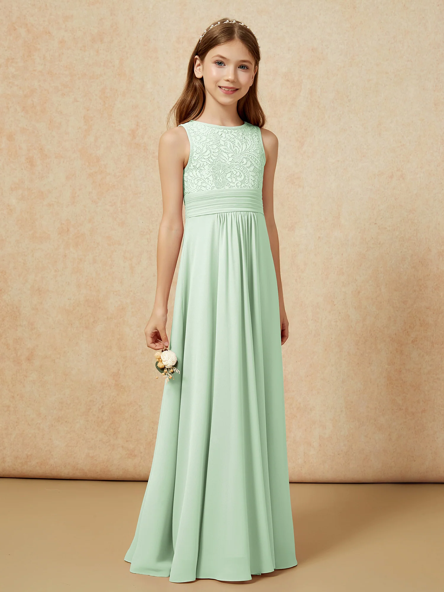 Lace Top A-line Long Junior Bridesmaid Dress Dusty Sage - Image 3