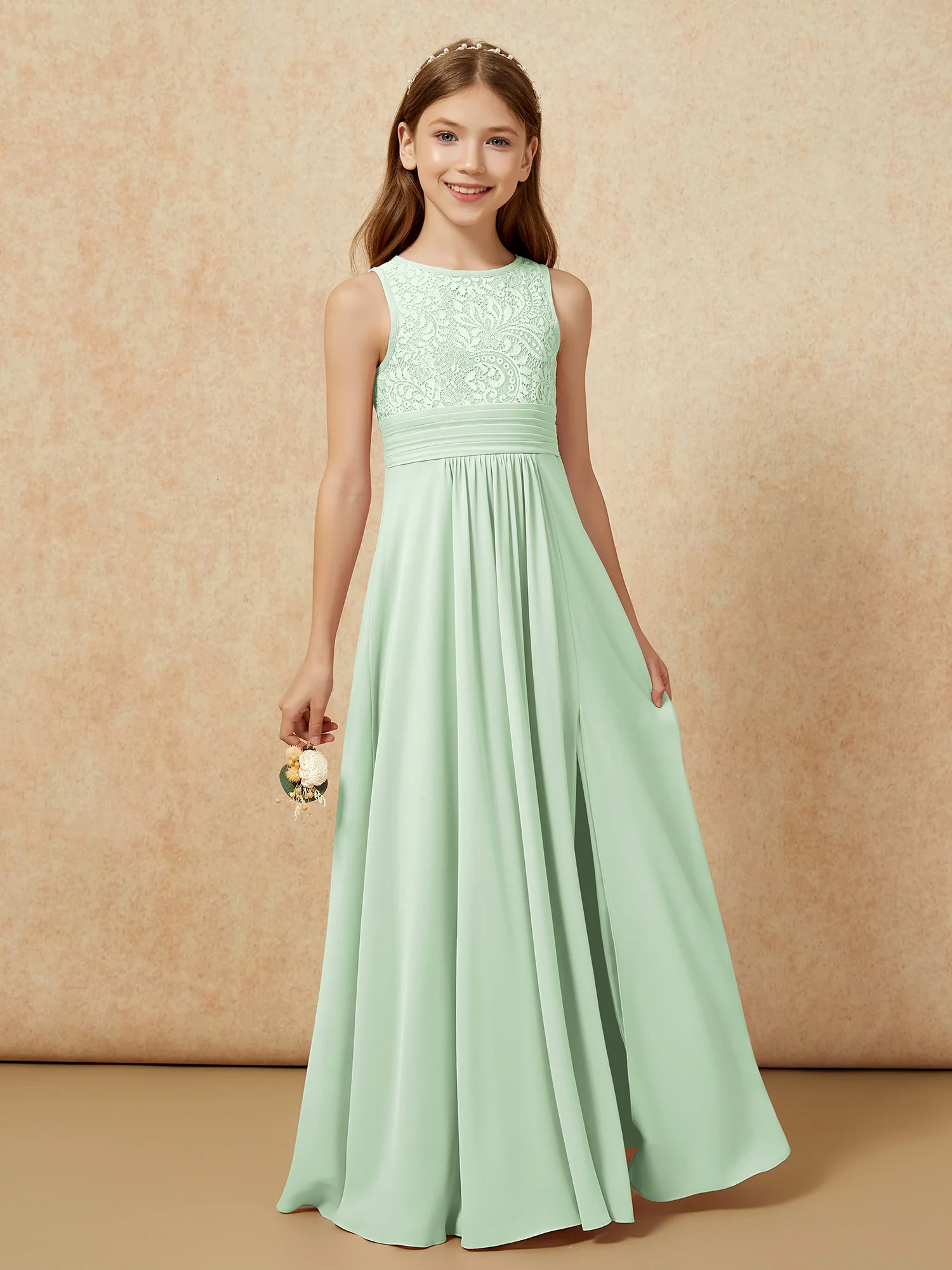 Lace Top A-line Long Junior Bridesmaid Dress Dusty Sage - Image 5