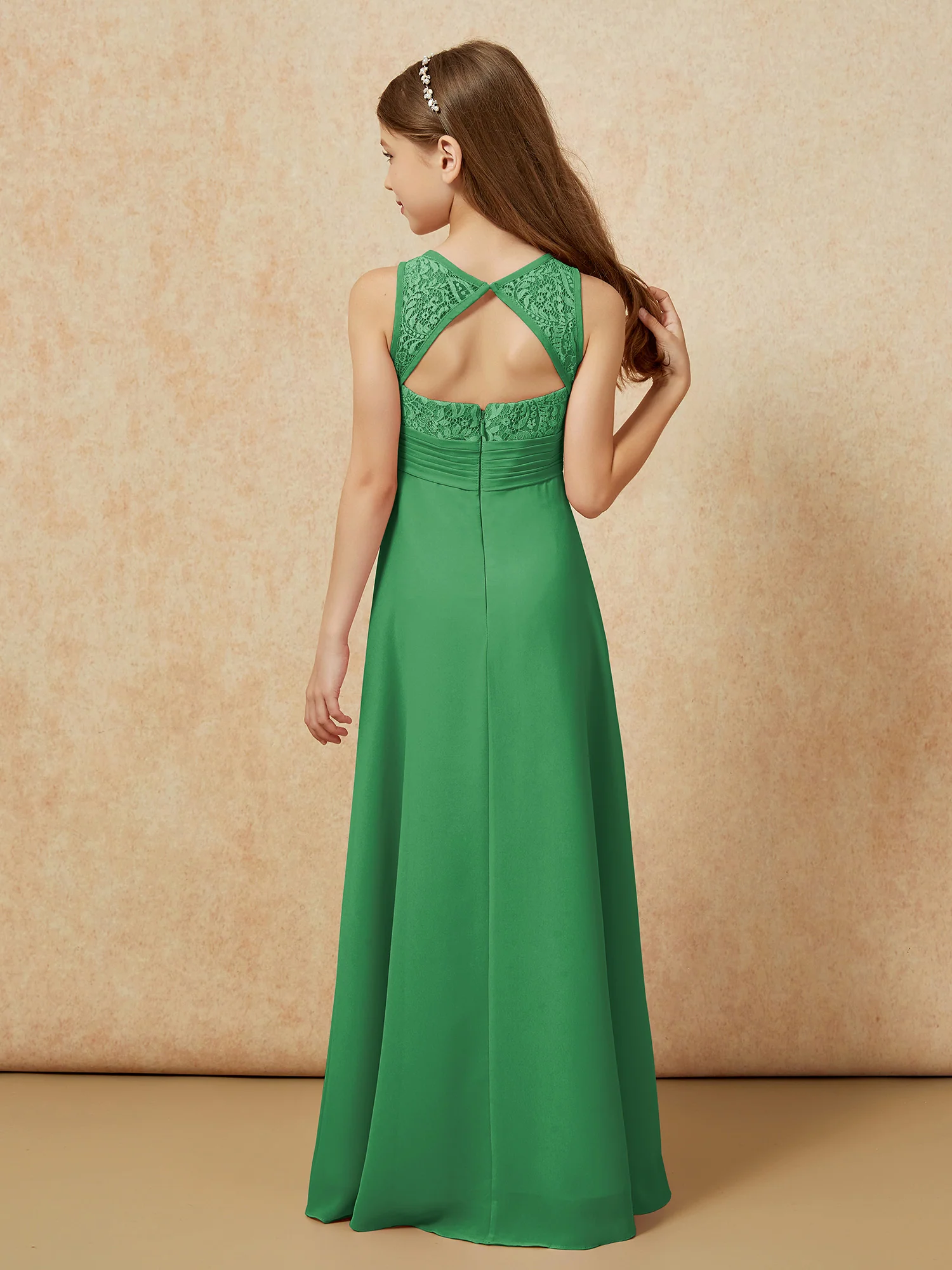 Lace Top A-line Long Junior Bridesmaid Dress Emerald - Image 2