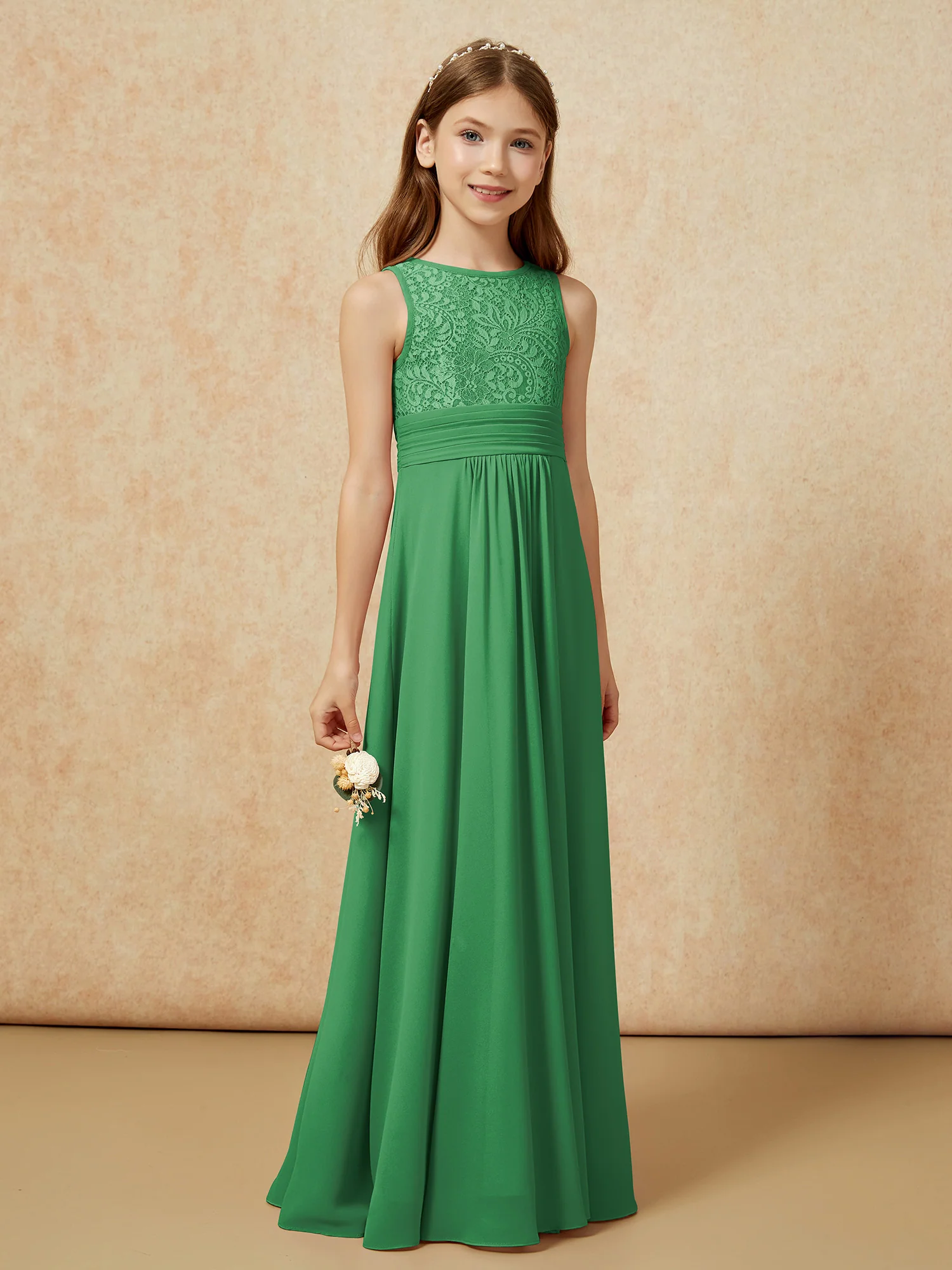 Lace Top A-line Long Junior Bridesmaid Dress Emerald - Image 3