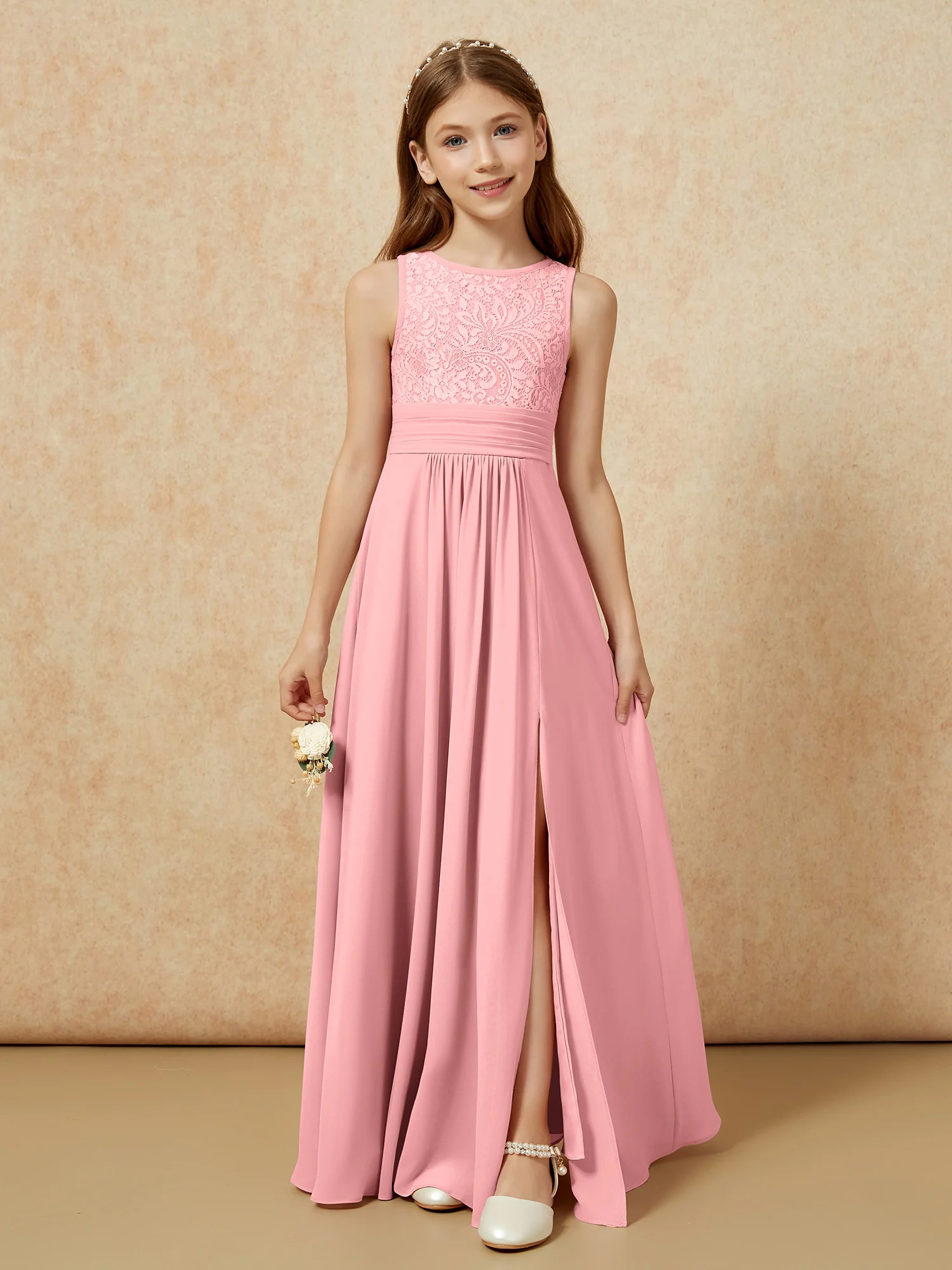 Lace Top A-line Long Junior Bridesmaid Dress Flamingo
