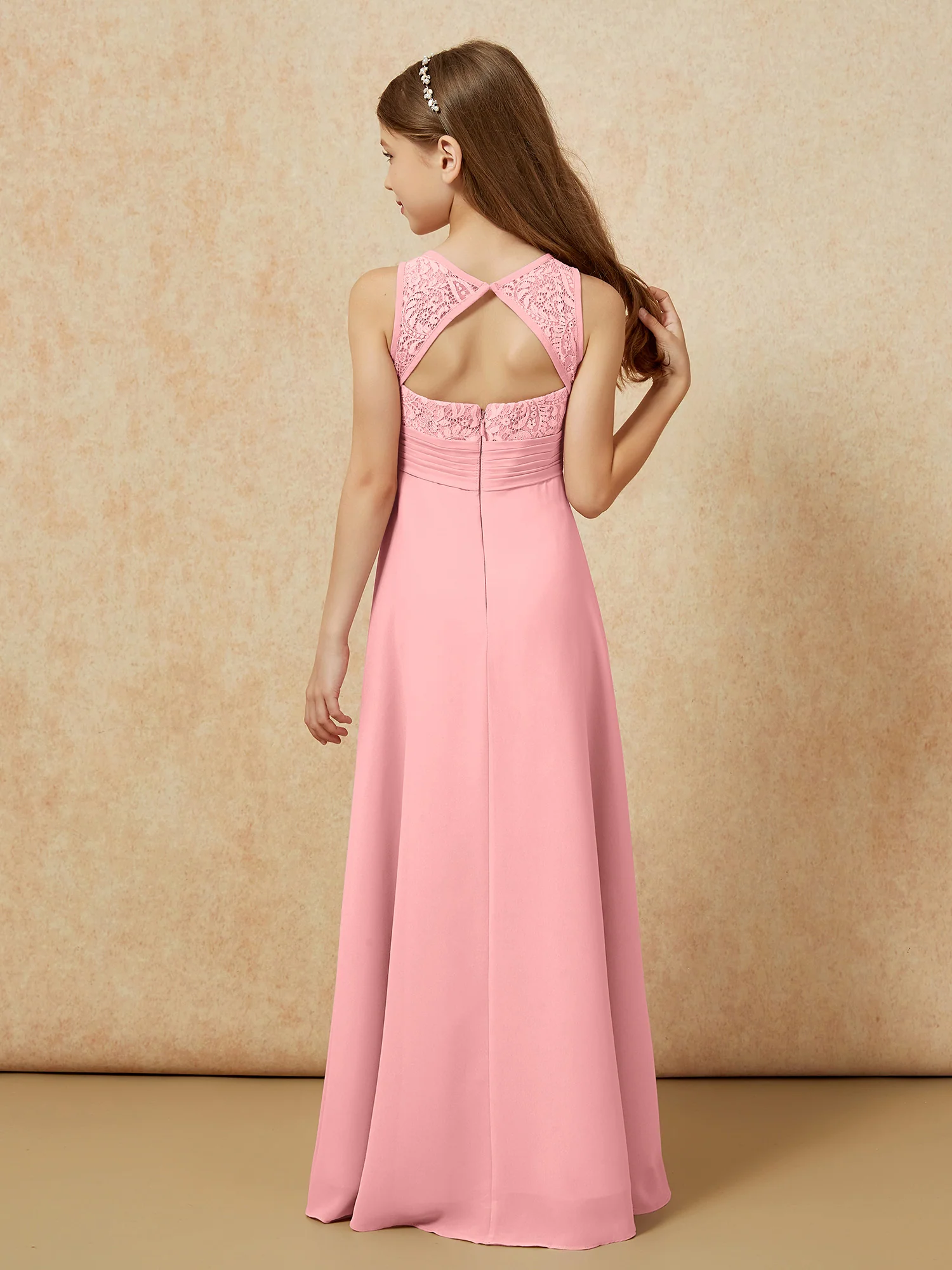 Lace Top A-line Long Junior Bridesmaid Dress Flamingo - Image 2