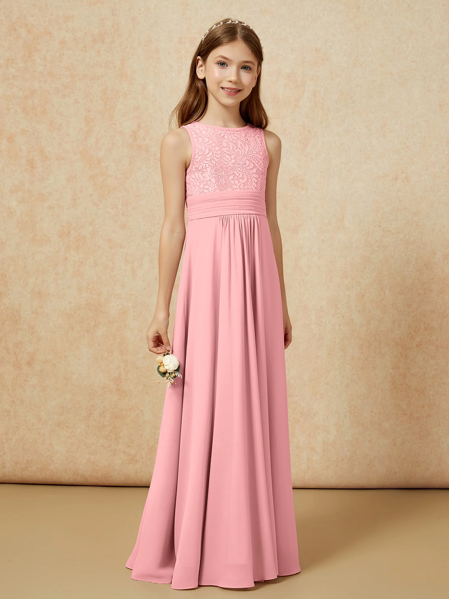 Lace Top A-line Long Junior Bridesmaid Dress Flamingo - Image 3