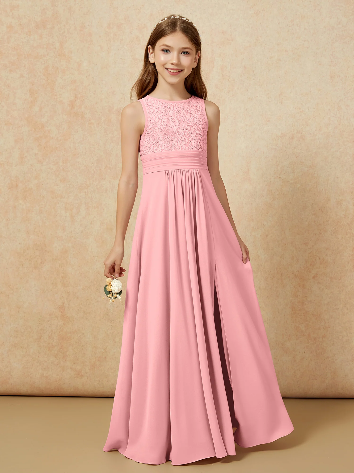Lace Top A-line Long Junior Bridesmaid Dress Flamingo - Image 5