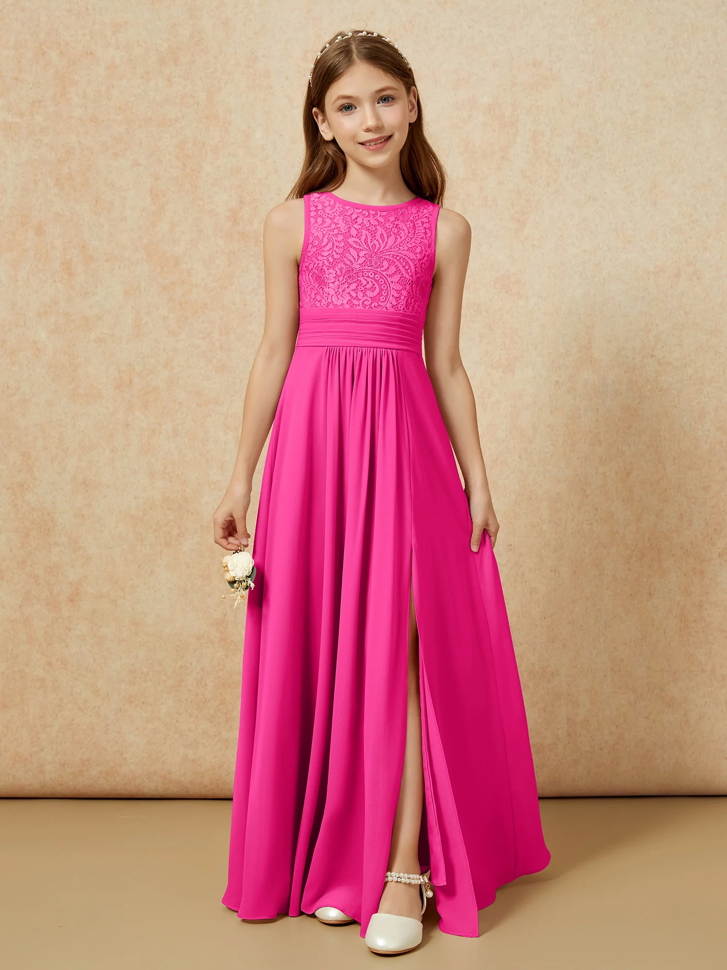Lace Top A-line Long Junior Bridesmaid Dress Fuchsia