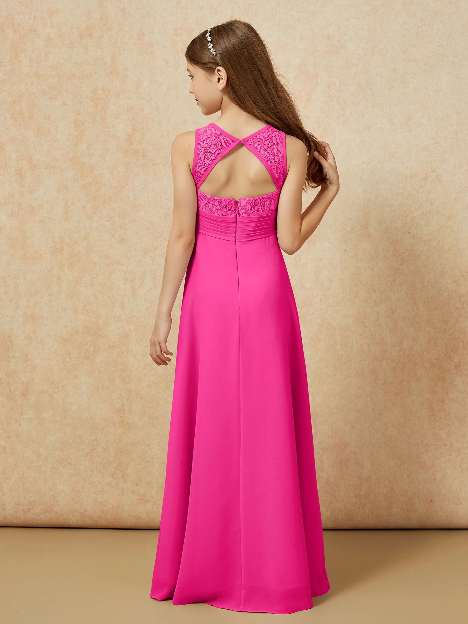 Lace Top A-line Long Junior Bridesmaid Dress Fuchsia - Image 2