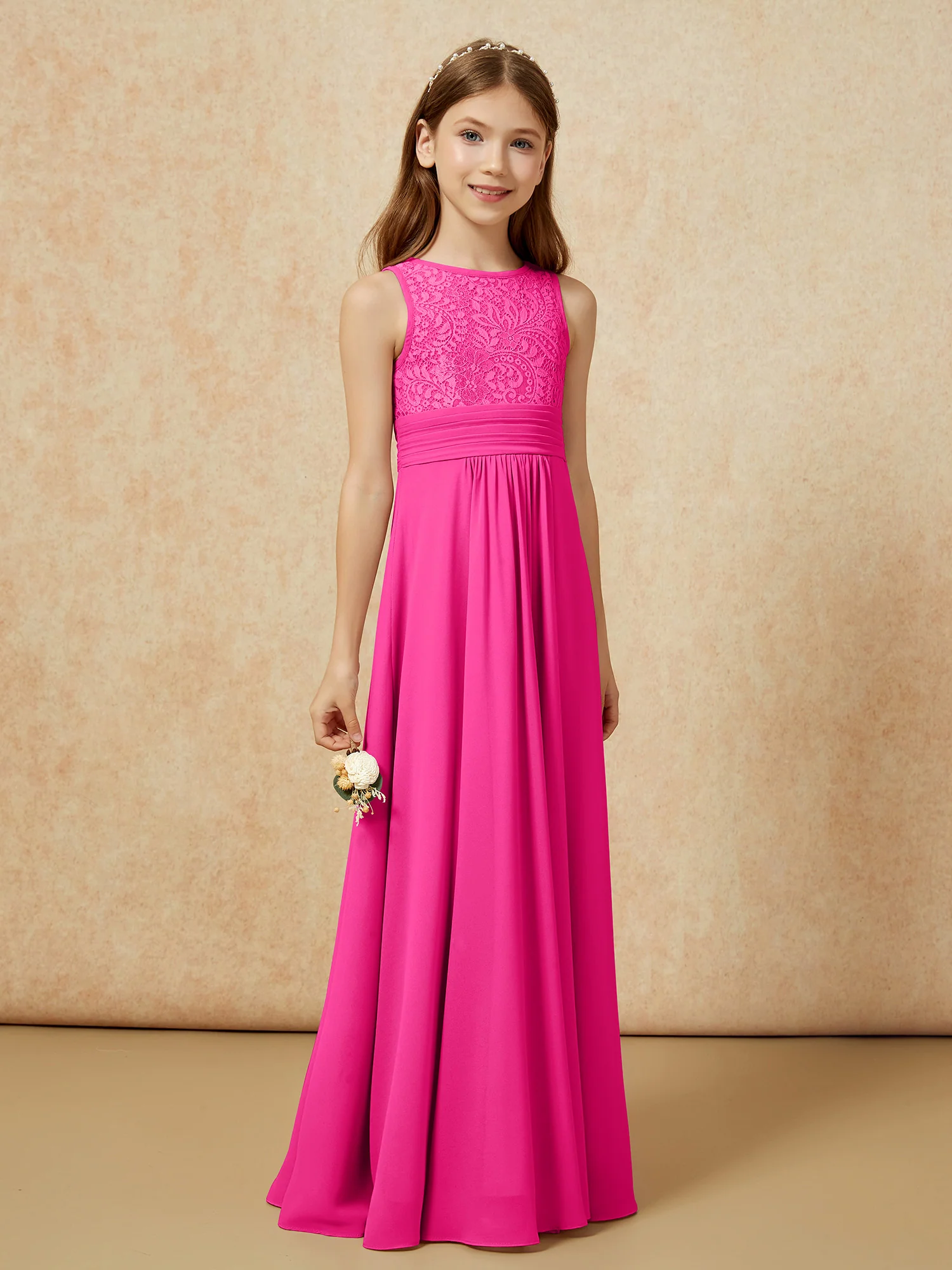 Lace Top A-line Long Junior Bridesmaid Dress Fuchsia - Image 3