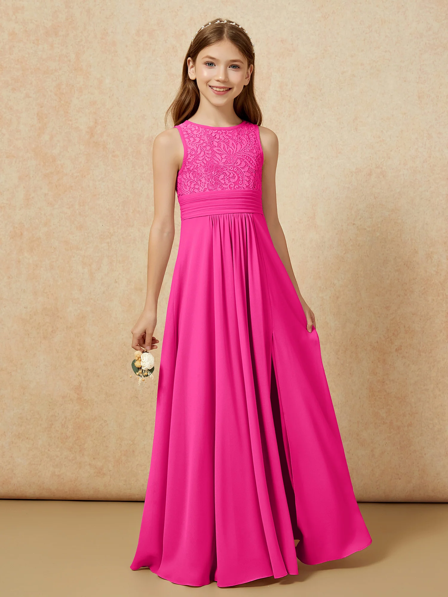 Lace Top A-line Long Junior Bridesmaid Dress Fuchsia - Image 5