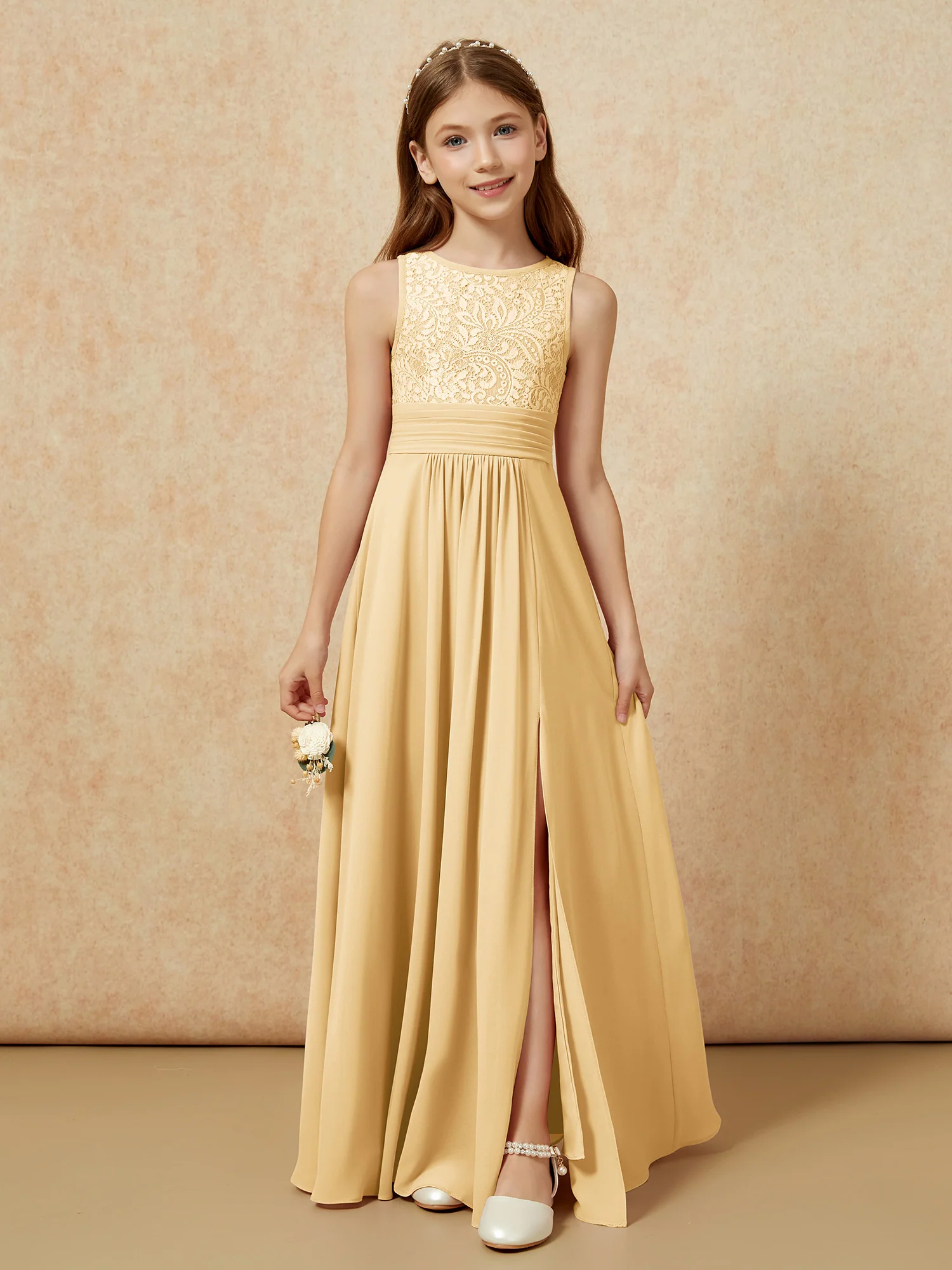 Lace Top A-line Long Junior Bridesmaid Dress Gold