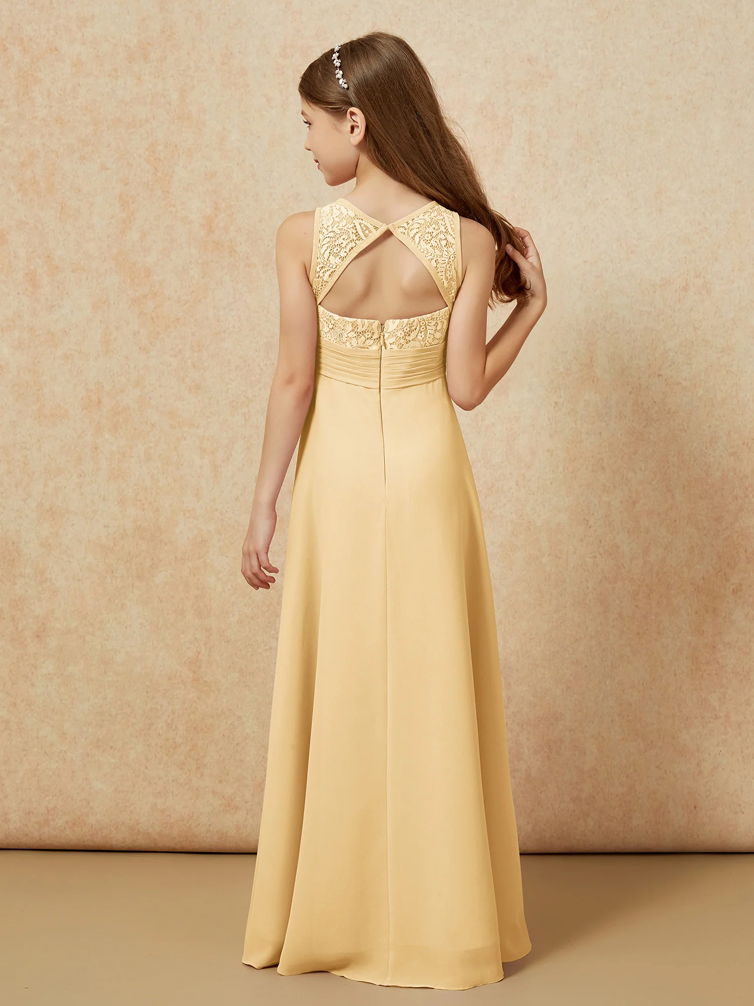 Lace Top A-line Long Junior Bridesmaid Dress Gold - Image 2