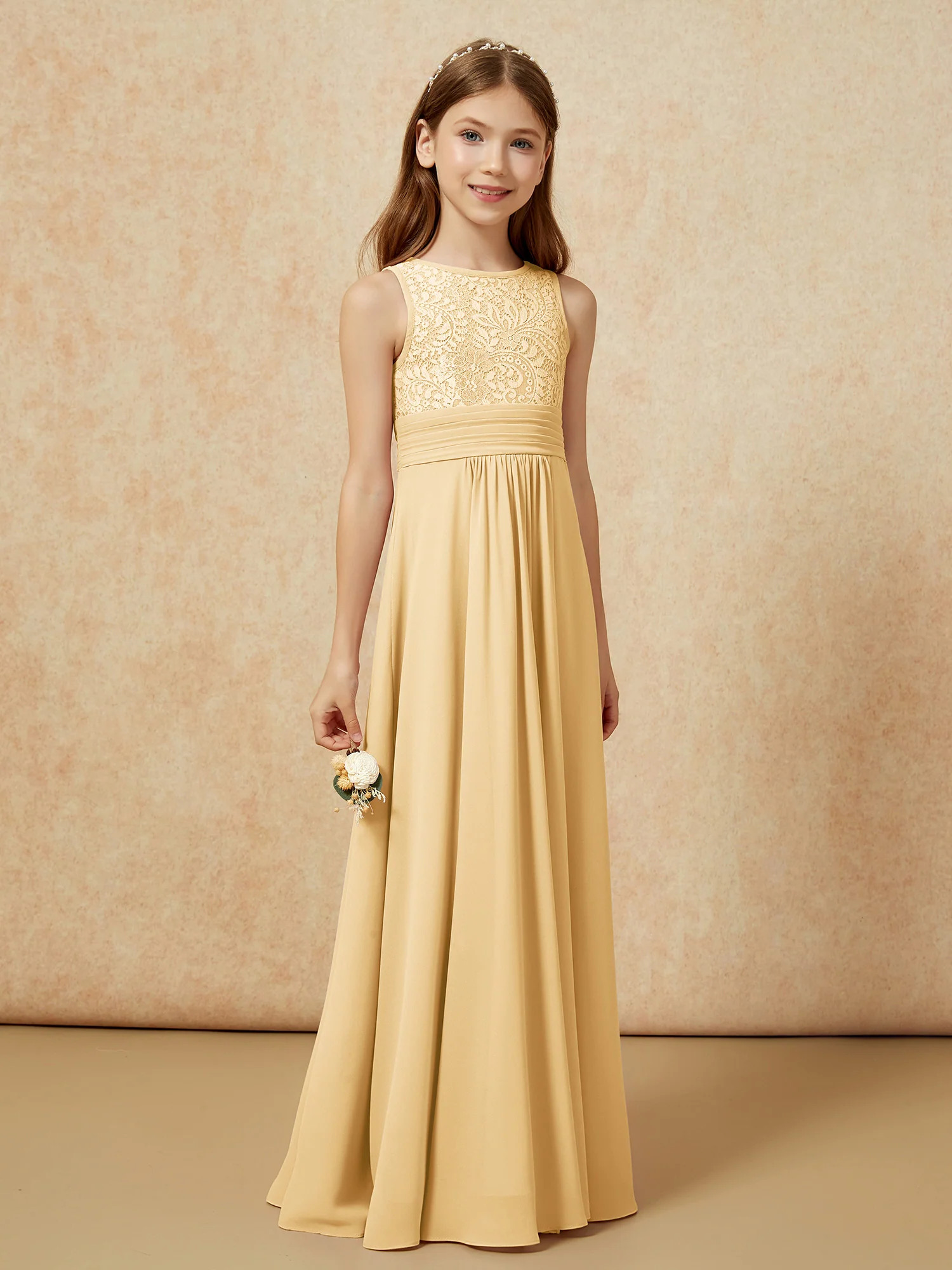 Lace Top A-line Long Junior Bridesmaid Dress Gold - Image 3