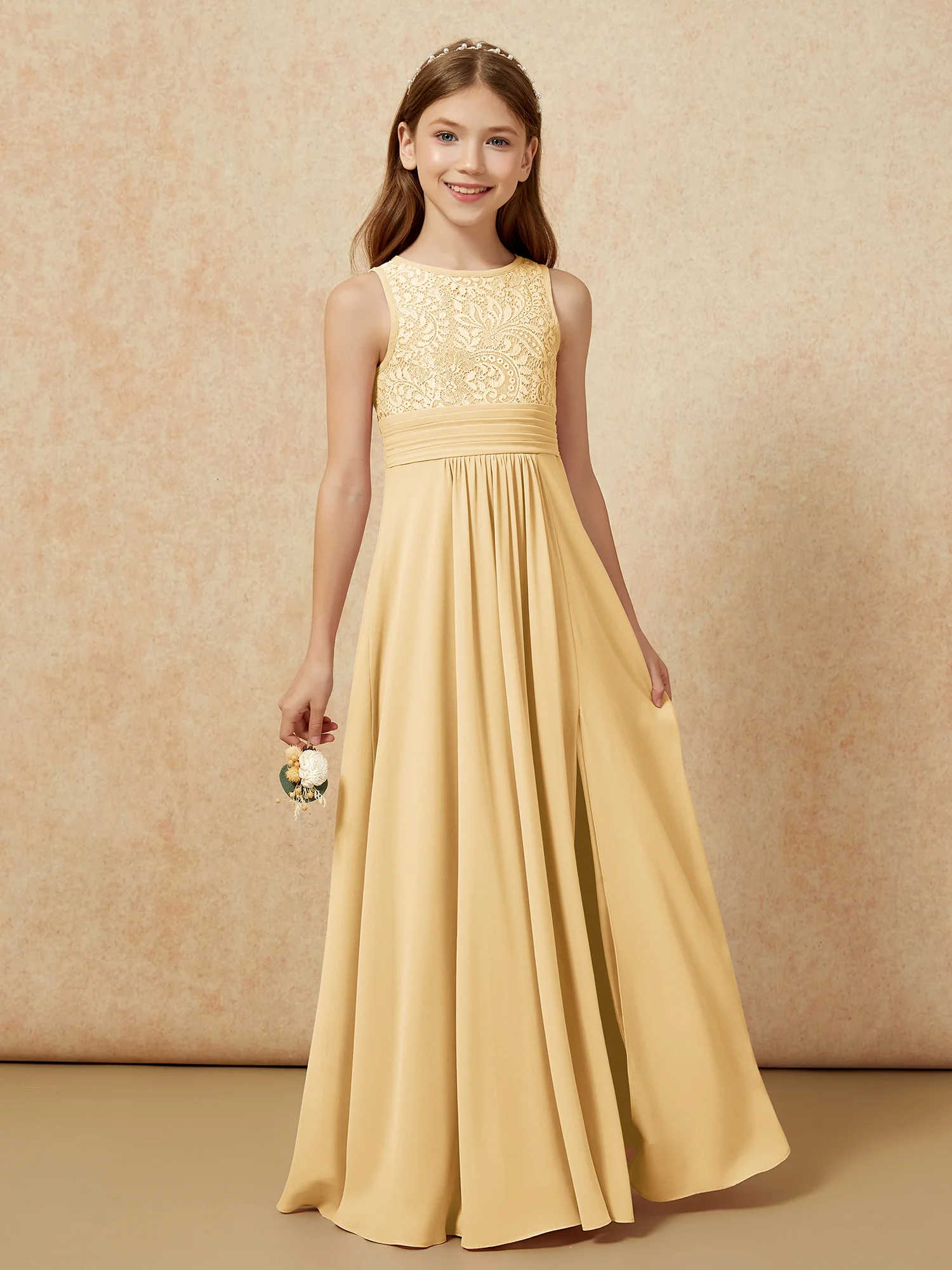 Lace Top A-line Long Junior Bridesmaid Dress Gold - Image 5