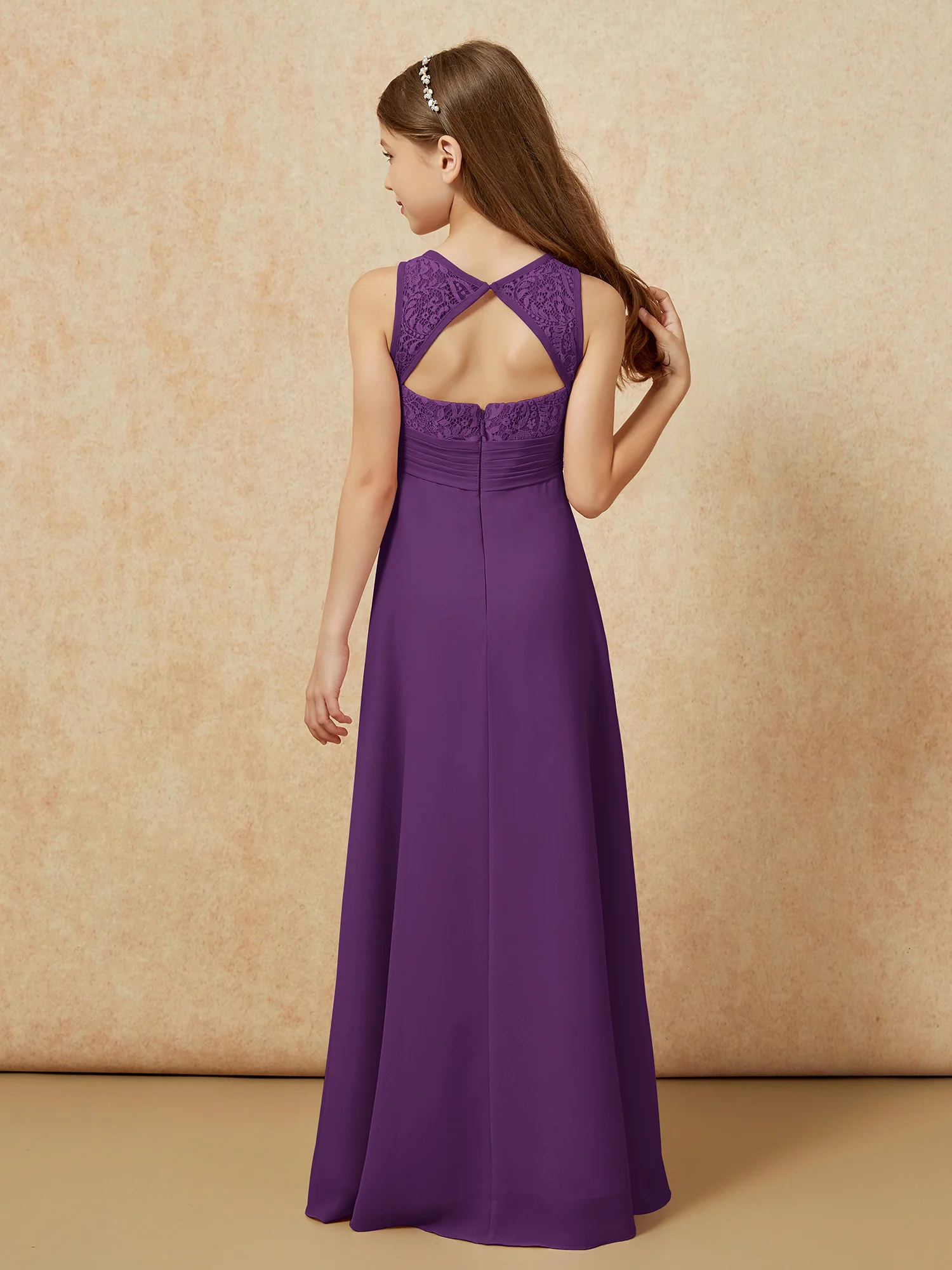 Lace Top A-line Long Junior Bridesmaid Dress Grape - Image 2