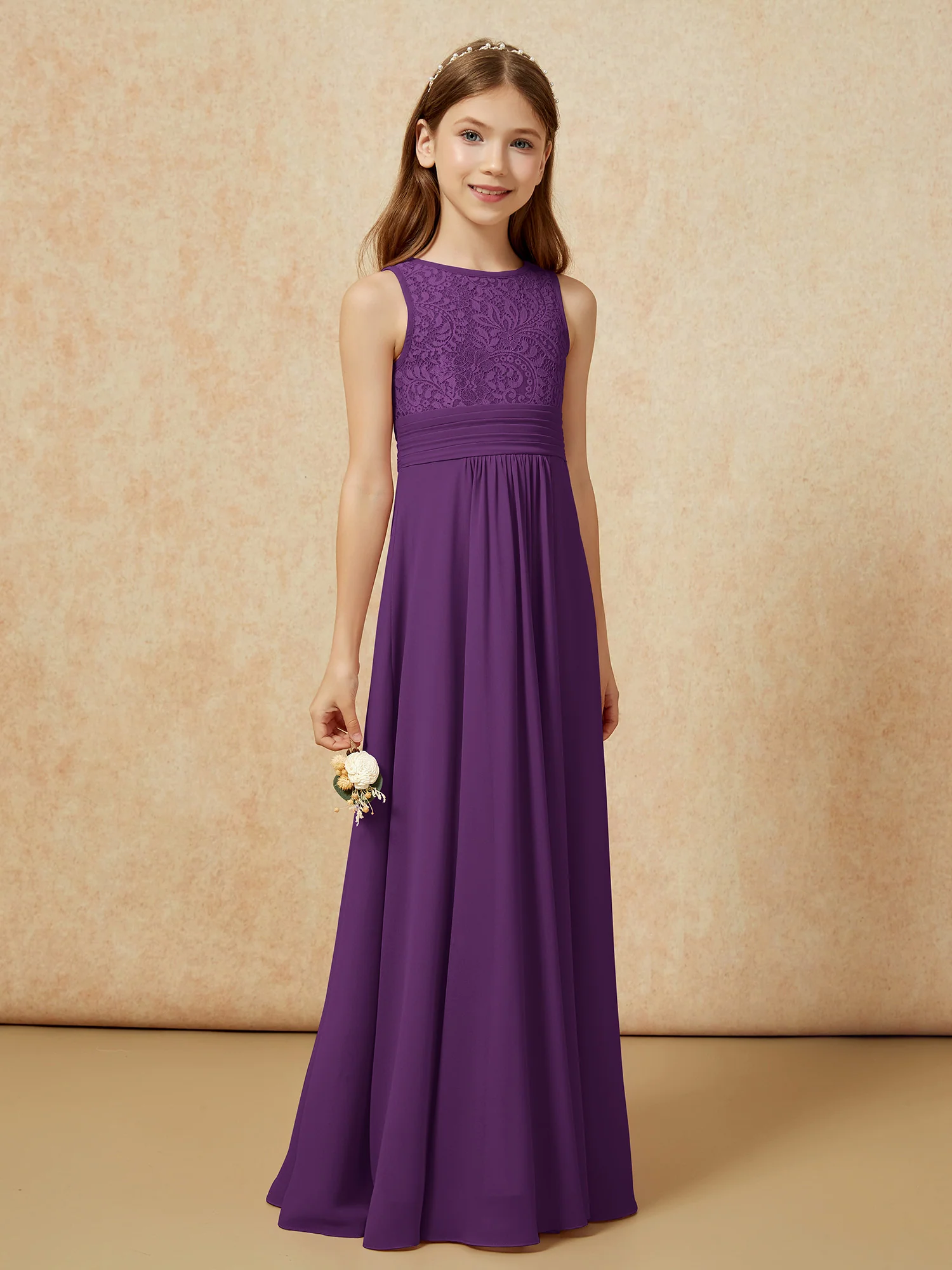 Lace Top A-line Long Junior Bridesmaid Dress Grape - Image 3