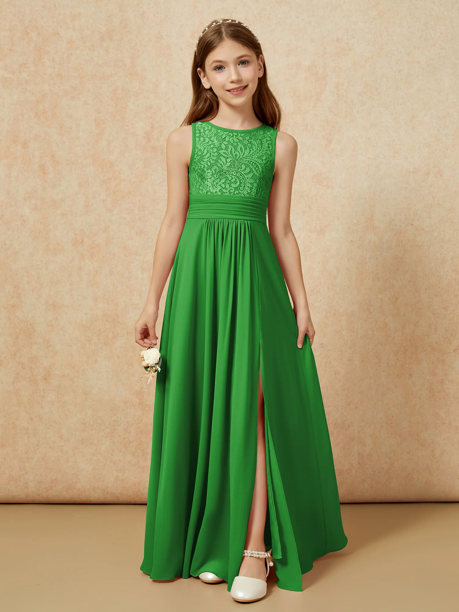 Lace Top A-line Long Junior Bridesmaid Dress Green