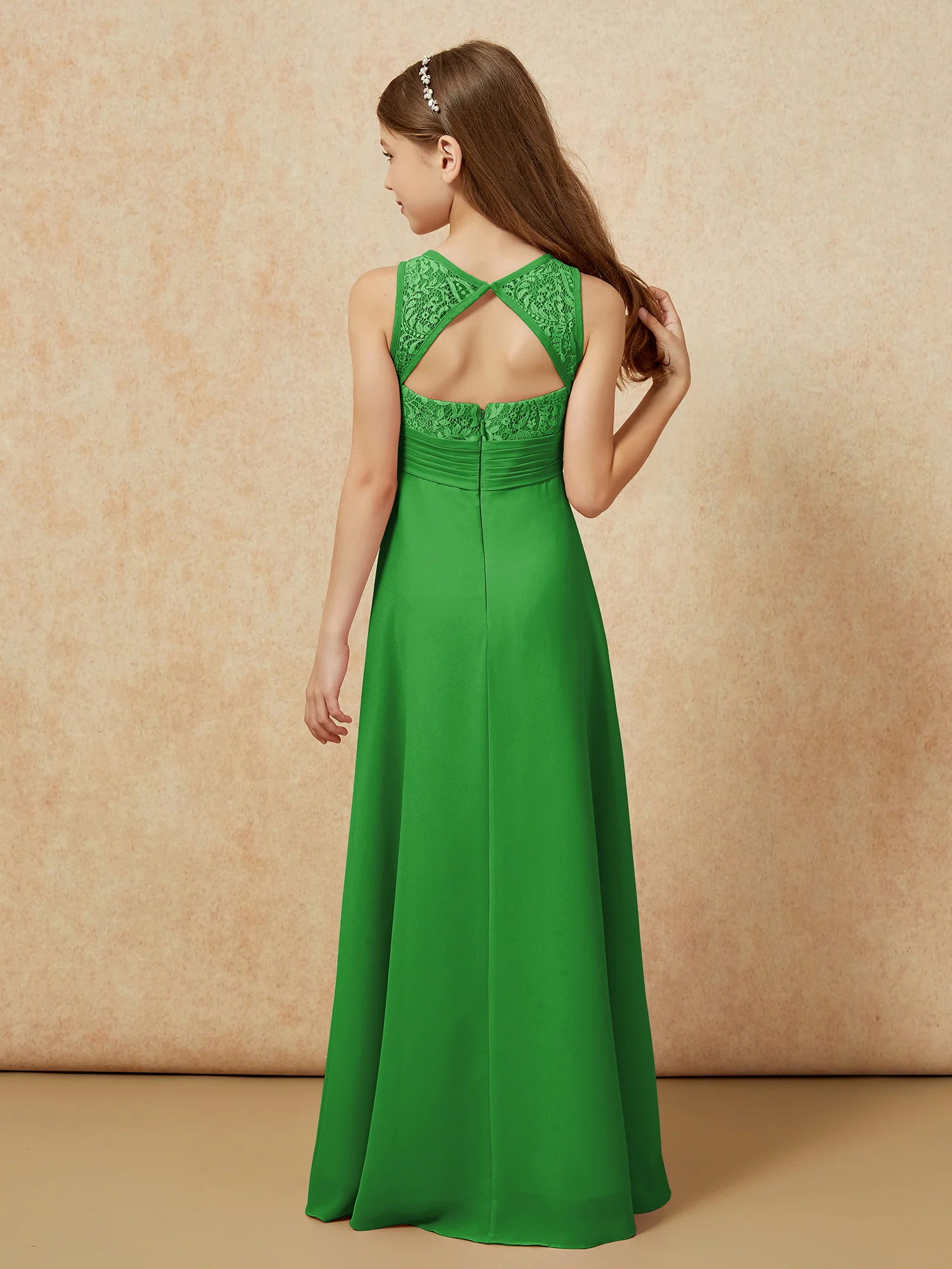 Lace Top A-line Long Junior Bridesmaid Dress Green - Image 2
