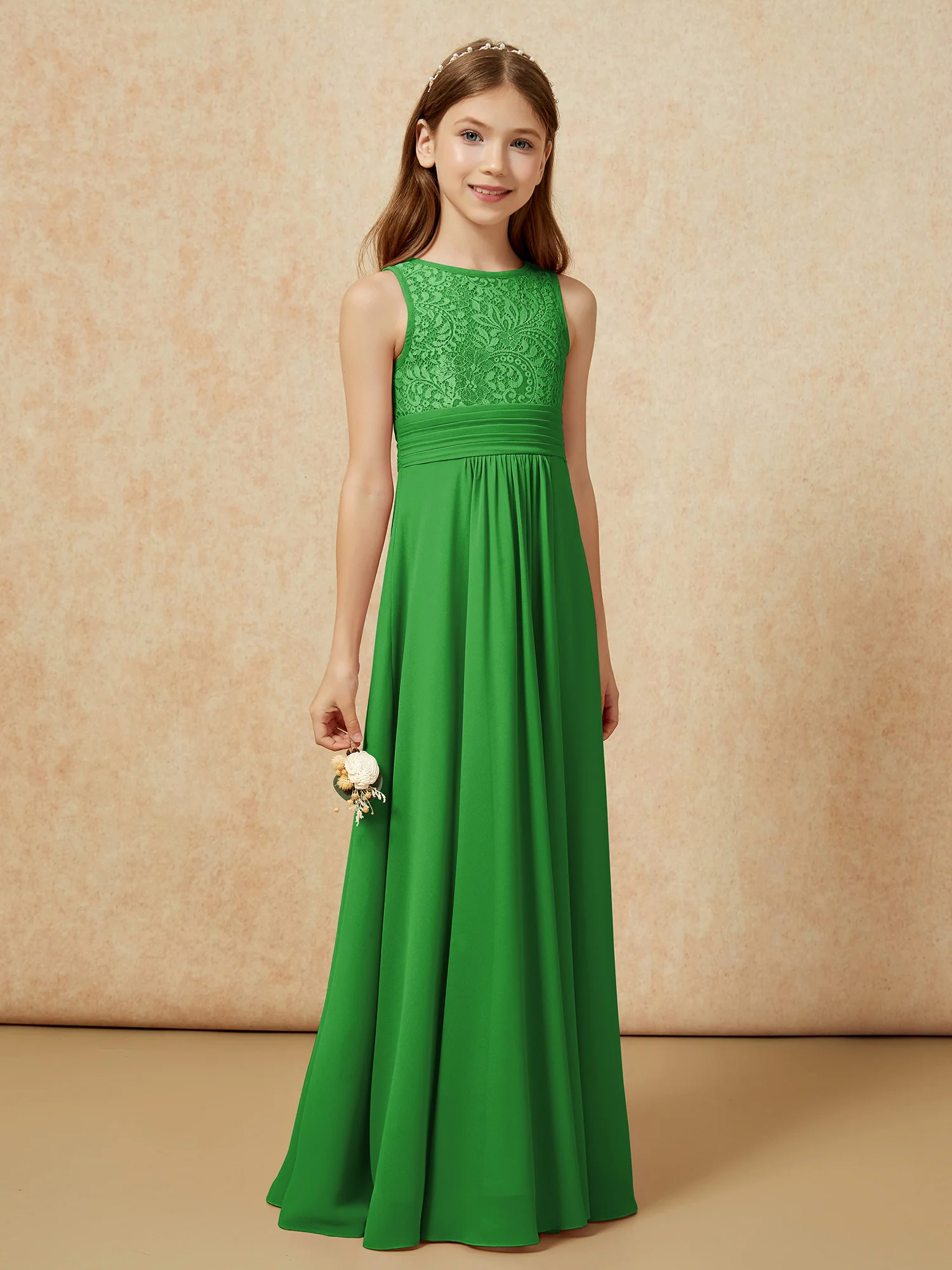 Lace Top A-line Long Junior Bridesmaid Dress Green - Image 3