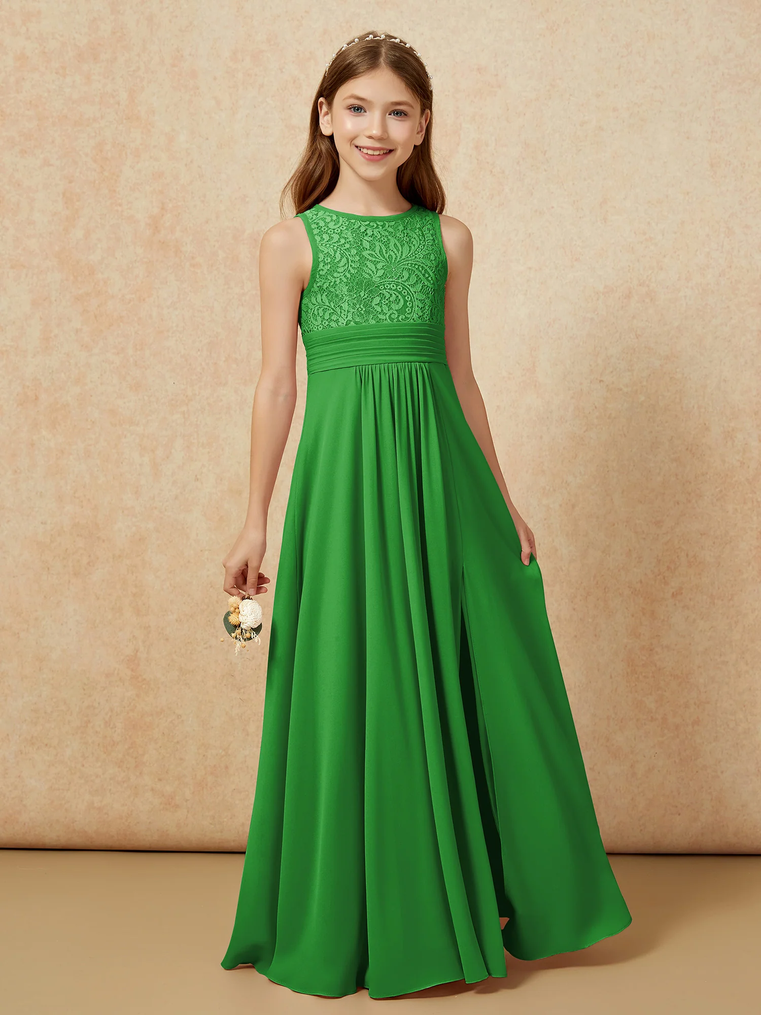 Lace Top A-line Long Junior Bridesmaid Dress Green - Image 5