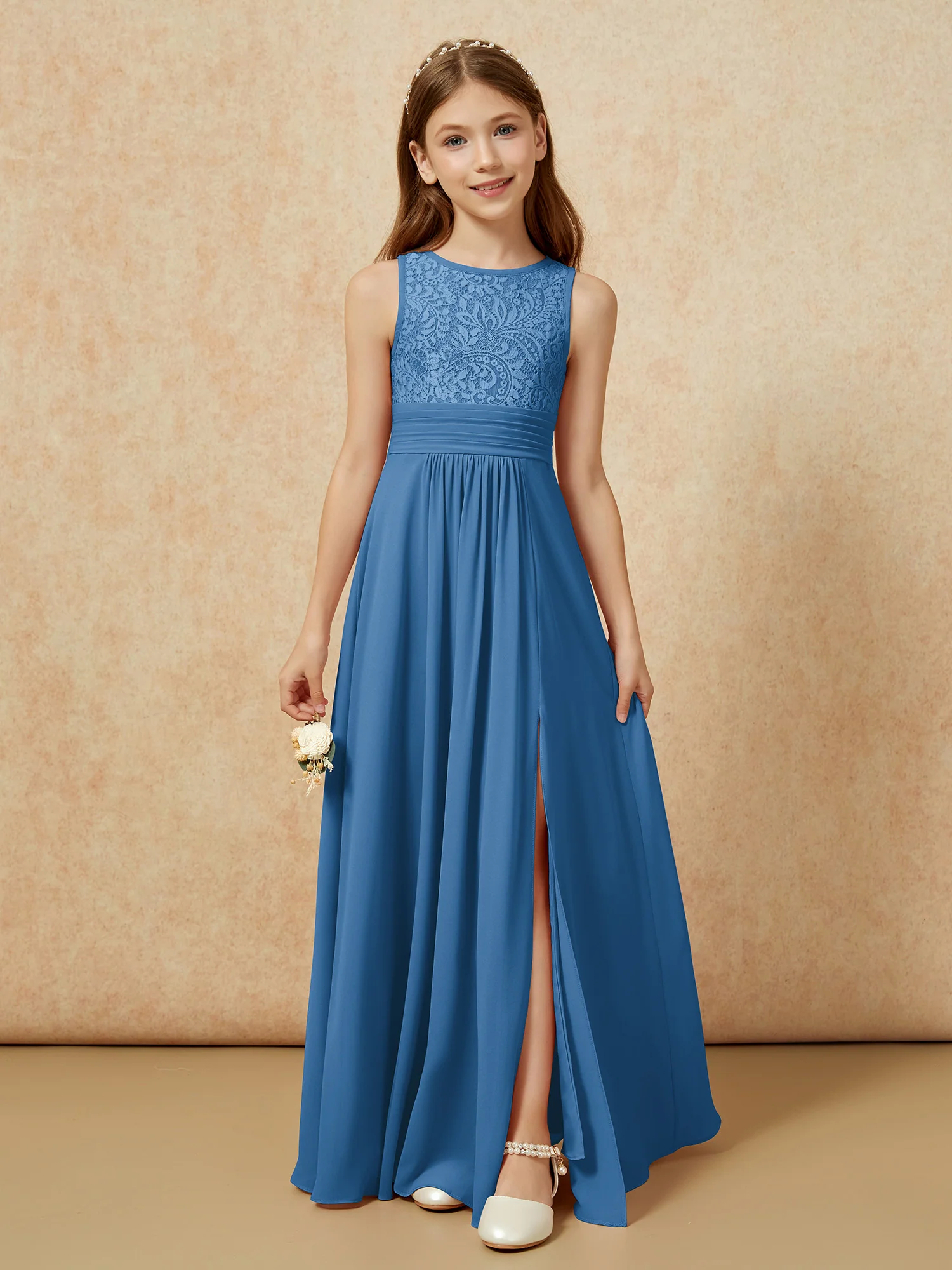Lace Top A-line Long Junior Bridesmaid Dress Ink Blue